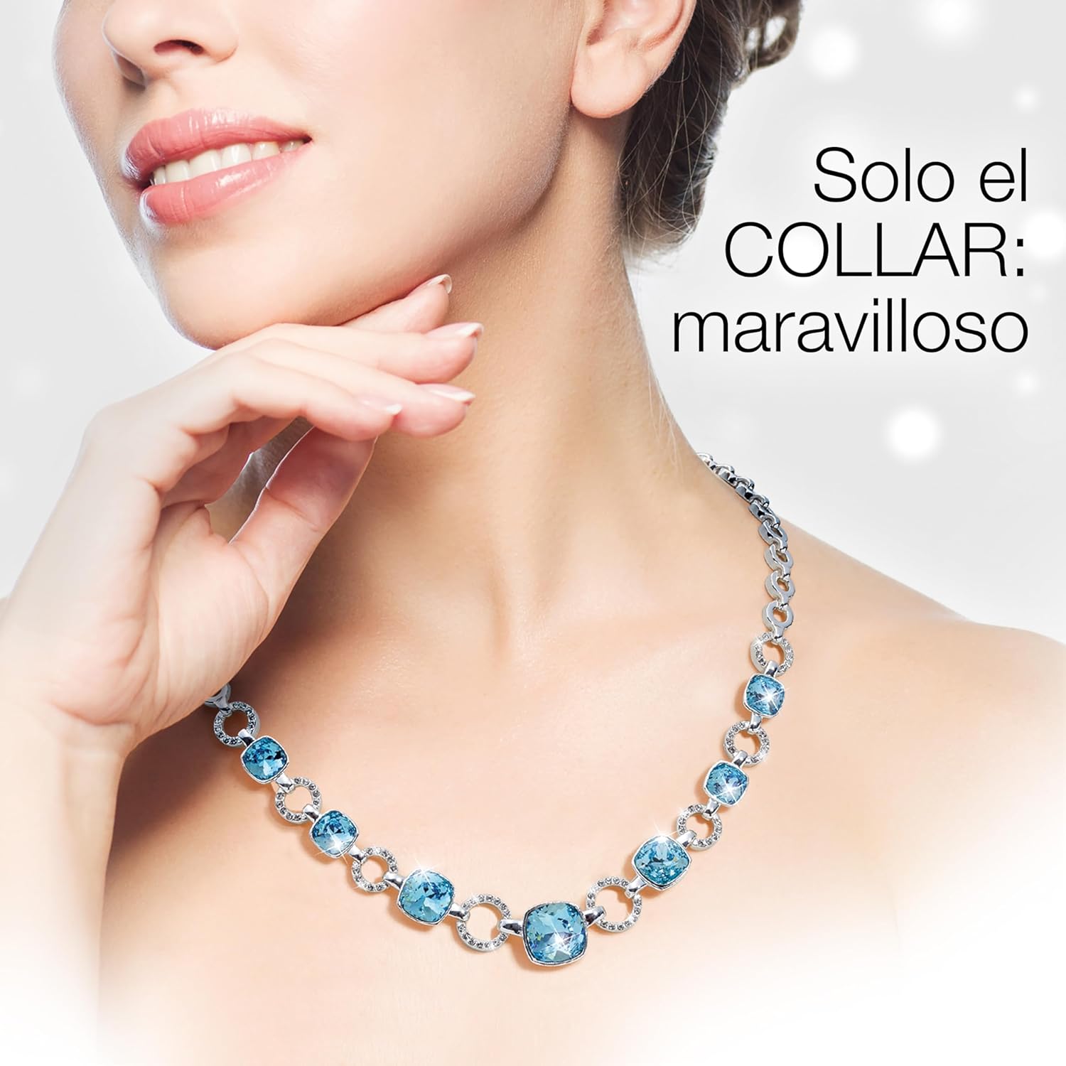 Imagen de Conjunto PLATINUM BLUE: 2 joyas para mujer bañadas Platino de Ley con 9 cristales de Swarovski color aguamarina y 104 cristales de Swarovski® transparentes. Gargantilla + Pendientes. Ideal para REGALO