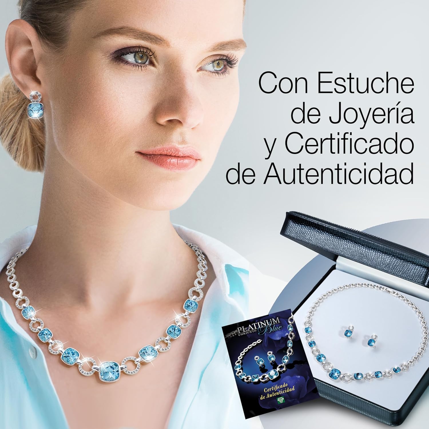 Imagen de Conjunto PLATINUM BLUE: 2 joyas para mujer bañadas Platino de Ley con 9 cristales de Swarovski color aguamarina y 104 cristales de Swarovski® transparentes. Gargantilla + Pendientes. Ideal para REGALO