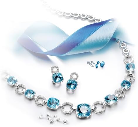 Imagen de Conjunto PLATINUM BLUE: 2 joyas para mujer bañadas Platino de Ley con 9 cristales de Swarovski color aguamarina y 104 cristales de Swarovski® transparentes. Gargantilla + Pendientes. Ideal para REGALO