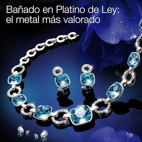 Imagen de Conjunto PLATINUM BLUE: 2 joyas para mujer bañadas Platino de Ley con 9 cristales de Swarovski color aguamarina y 104 cristales de Swarovski® transparentes. Gargantilla + Pendientes. Ideal para REGALO