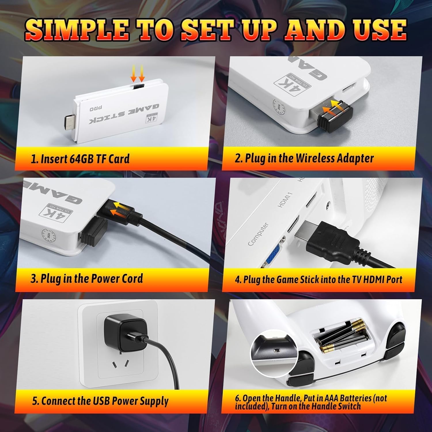 Imagen de Consola de Juegos Retro, Game Stick 20,000+ Juegos Clásicos, Plug & Play HDMI, Consola Portáti 2 Mandos Inalámbricos, Regalo para Niños y Adultos (64G)