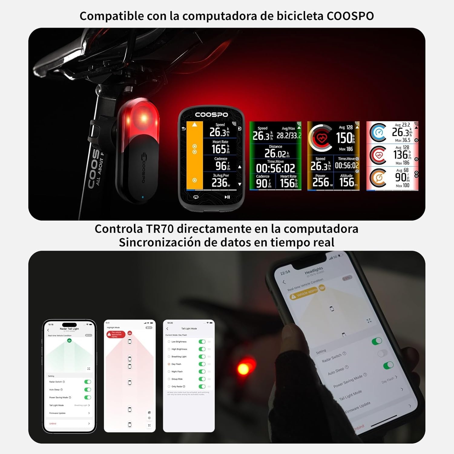 Imagen de COOSPO TR70 Luz Trasera Radar Inteligente Bicicleta, 140m Detección, Bluetooth & Ant+ Conexión Dual, 7 Modos, 40h Batería, IP67 Impermeable VTT & Carretera
