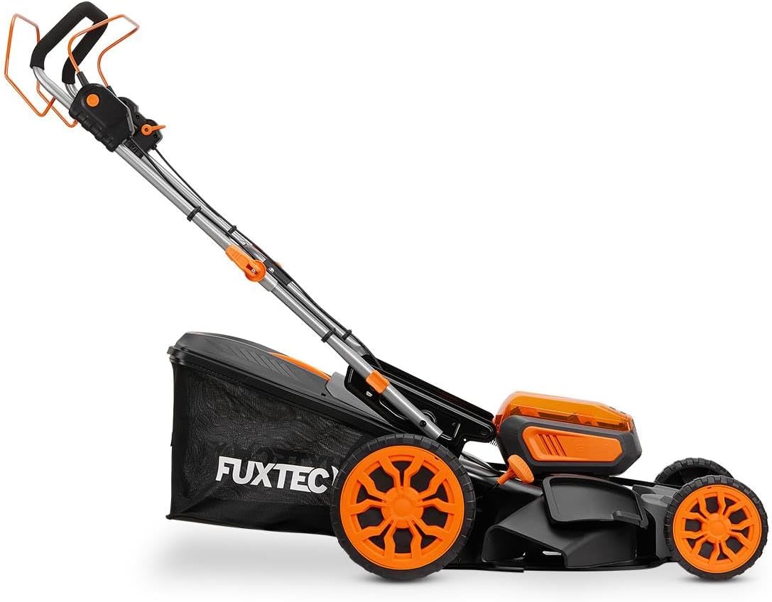 Imagen de Cortacésped inalámbrico FUXTEC 40V FX-E2RM46PROSET con tracción, 46 cm, Altura 25–100 mm, Mulching, recogedor 50 L, 2 baterías 5Ah + Cargador rápido