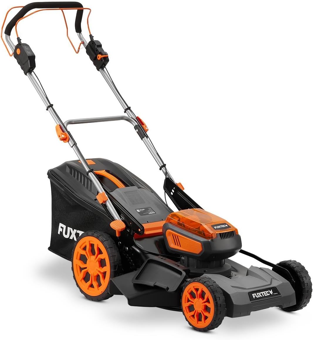 Imagen de Cortacésped inalámbrico FUXTEC 40V FX-E2RM46PROSET con tracción, 46 cm, Altura 25–100 mm, Mulching, recogedor 50 L, 2 baterías 5Ah + Cargador rápido