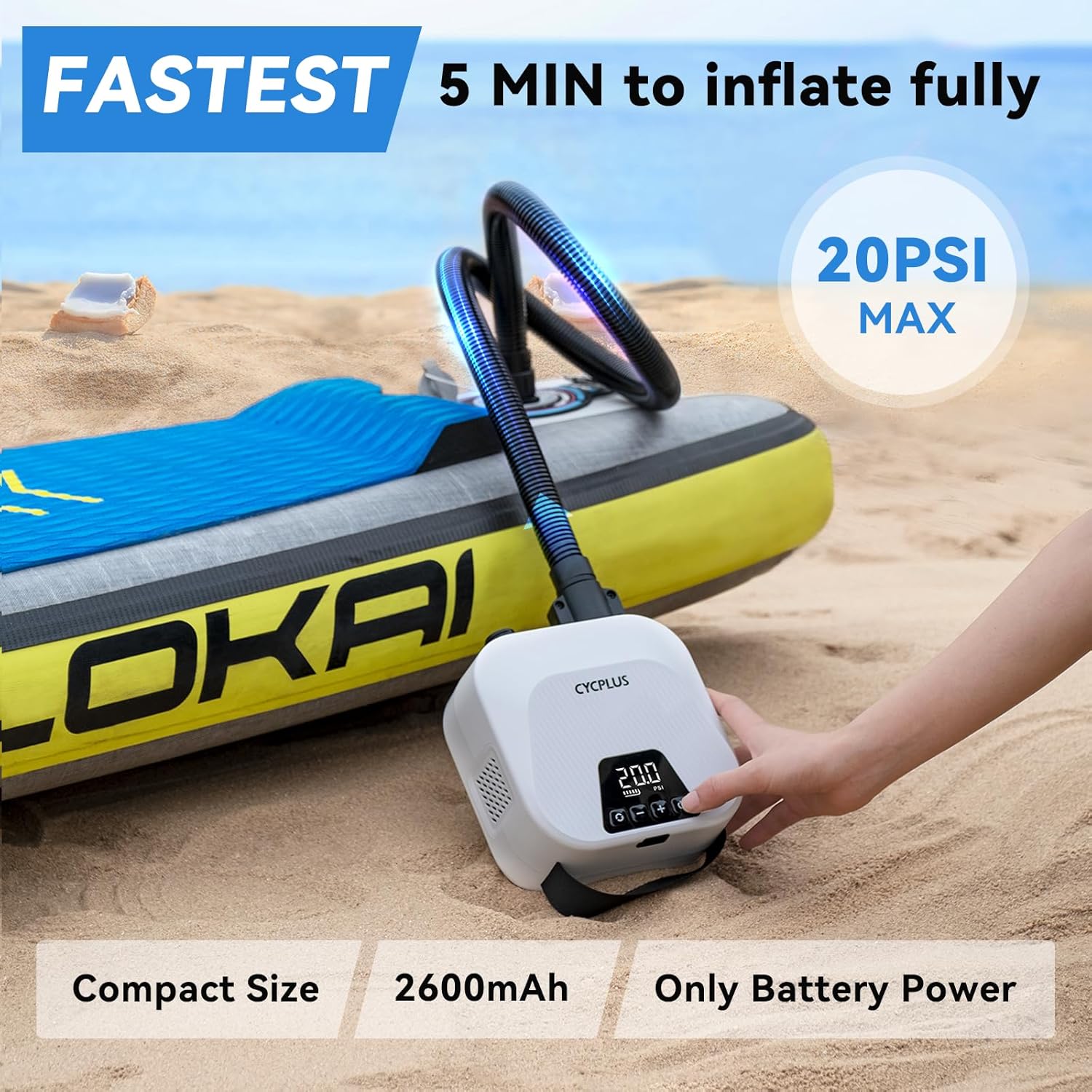 Imagen de CYCPLUS Bomba de Aire Inteligente 20PSI para Sup, con Batería Recargable y Función de Inflado/Desinflado Inteligente. Ideal para Tablas de Paddle, Cometas, Tiendas de Campaña y Colchones