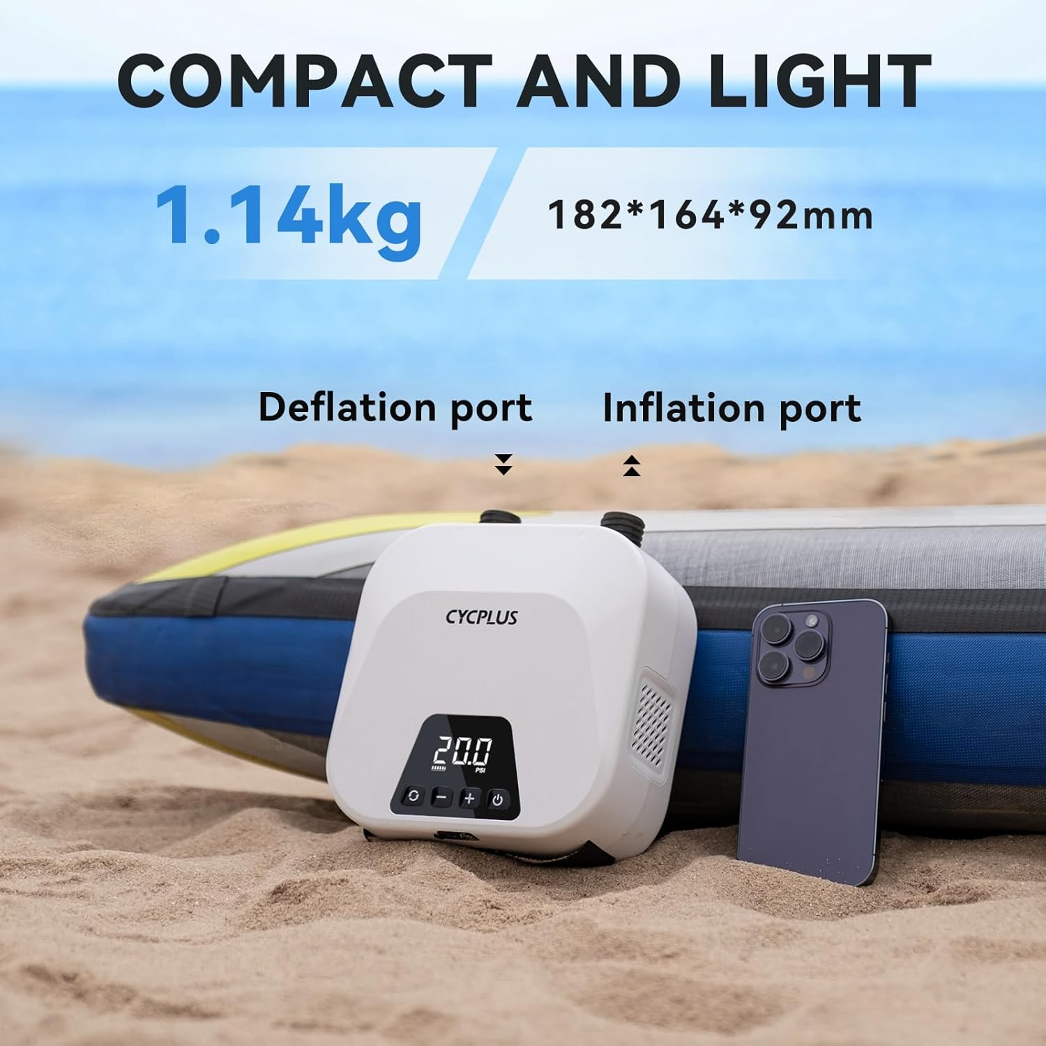 Imagen de CYCPLUS Bomba de Aire Inteligente 20PSI para Sup, con Batería Recargable y Función de Inflado/Desinflado Inteligente. Ideal para Tablas de Paddle, Cometas, Tiendas de Campaña y Colchones