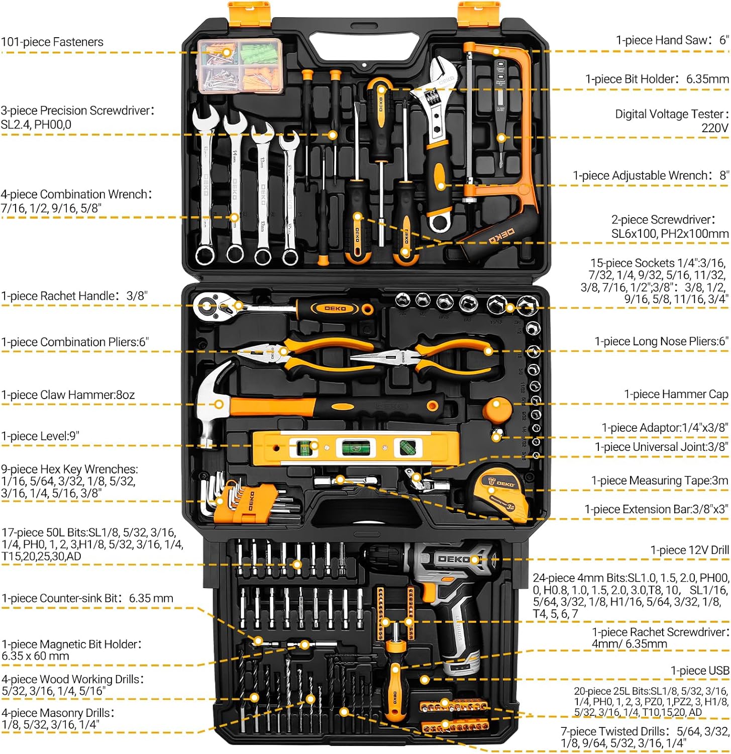 Imagen de DEKO Caja Herramientas Completa Eléctricas 238 Piezas con 12V Taladro Eléctrico sin Cuerda, 10 mm Chuck sin Llave, Caja profesional de herramientas Domésticas de Bricolaje para Oficinas y Jardín