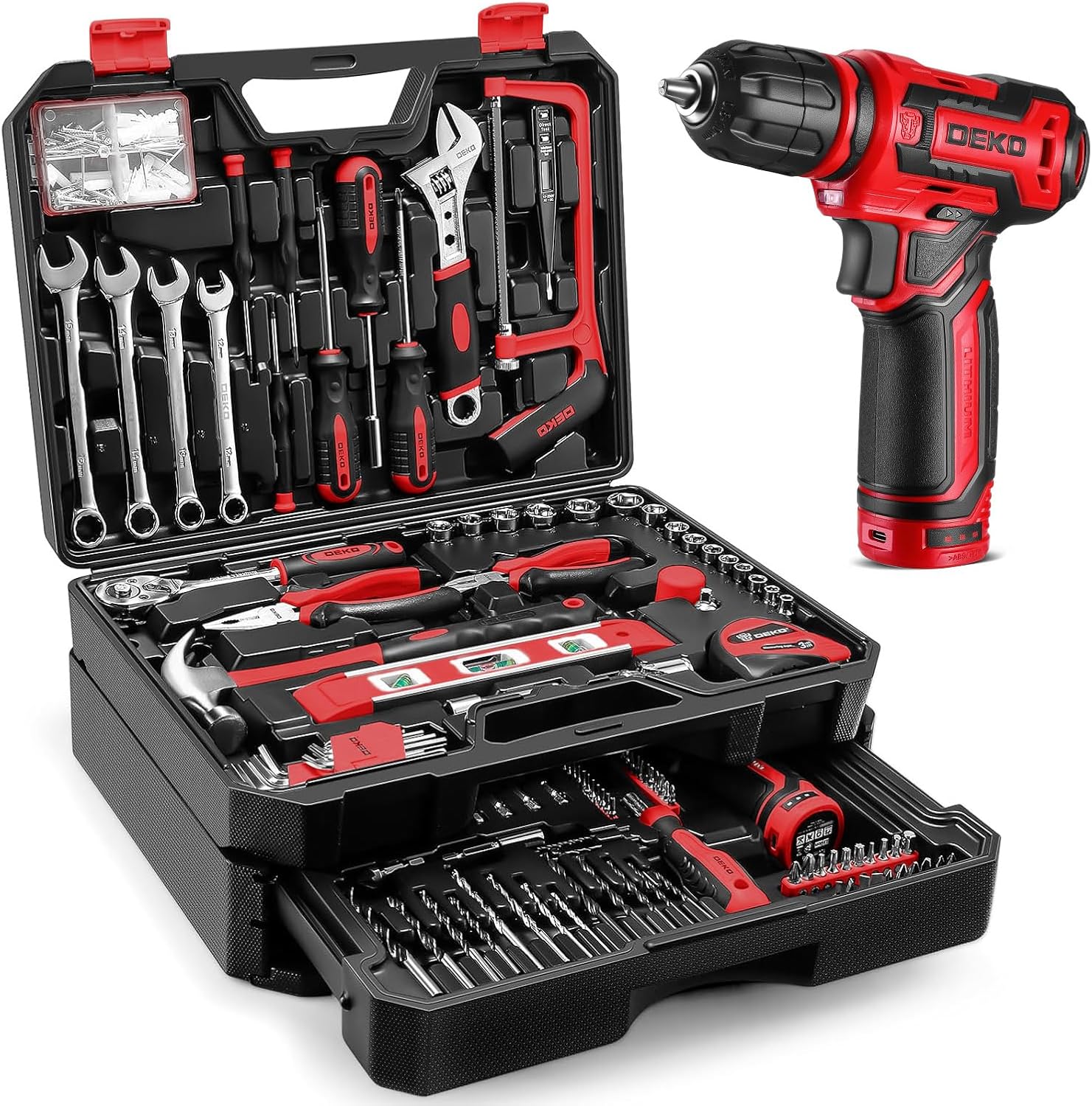 Imagen de DEKO Caja Herramientas Completa Eléctricas 238 Piezas con 12V Taladro Eléctrico sin Cuerda, 10 mm Chuck sin Llave, Caja profesional de herramientas Domésticas de Bricolaje para Oficinas y Jardín