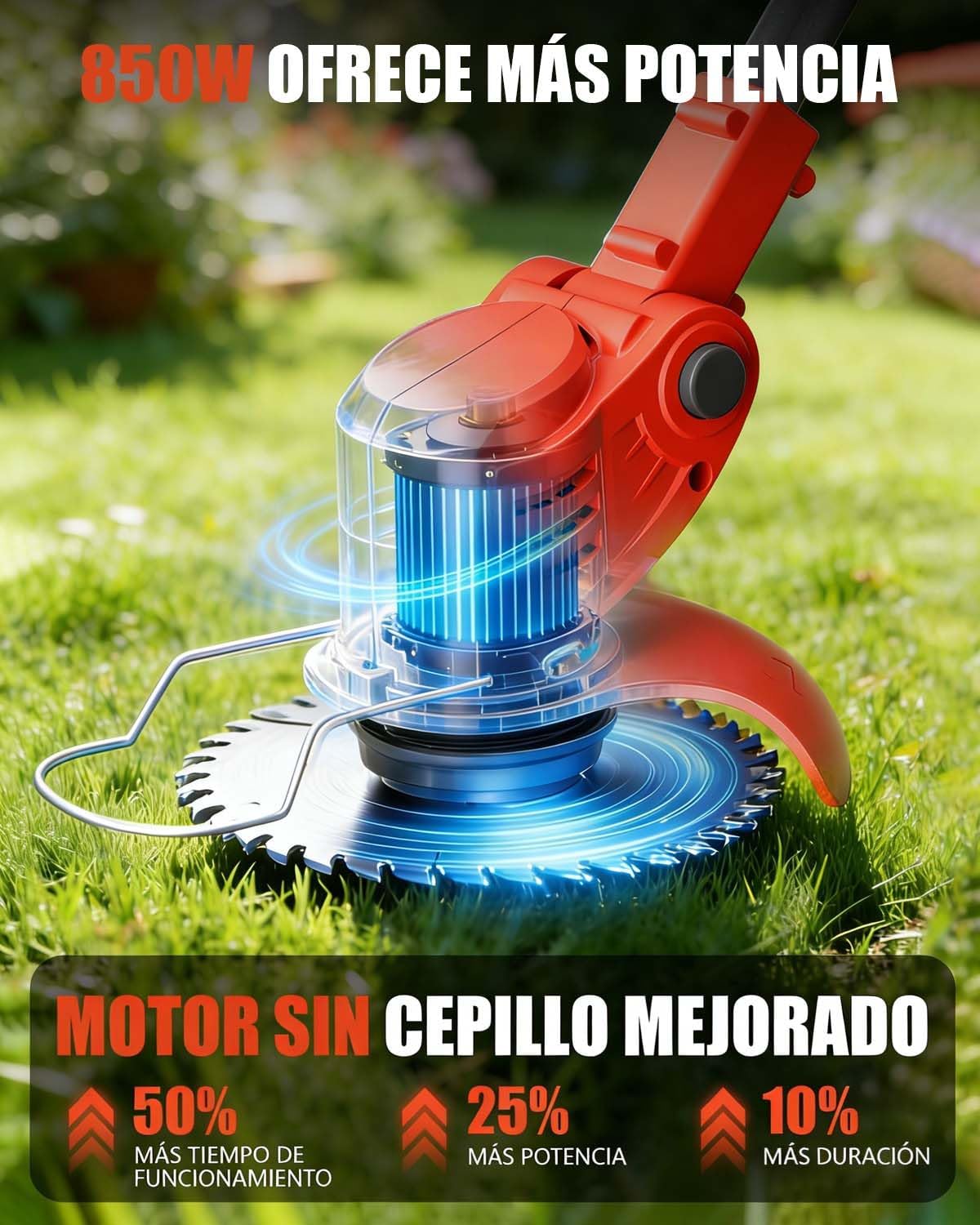 Imagen de Desbrozadora a Bateria, Cortabordes Electrico 4 en 1, 850W 2 Baterías 4000 mAh, 4 Tipos de Cuchillas con Cabezal Giratorio de 90° para Recortar Fácilmente Rápido Césped y Arbustos
