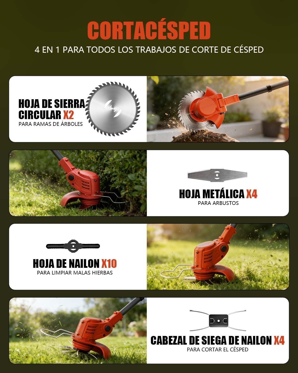 Imagen de Desbrozadora a Bateria, Cortabordes Electrico 4 en 1, 850W 2 Baterías 4000 mAh, 4 Tipos de Cuchillas con Cabezal Giratorio de 90° para Recortar Fácilmente Rápido Césped y Arbustos