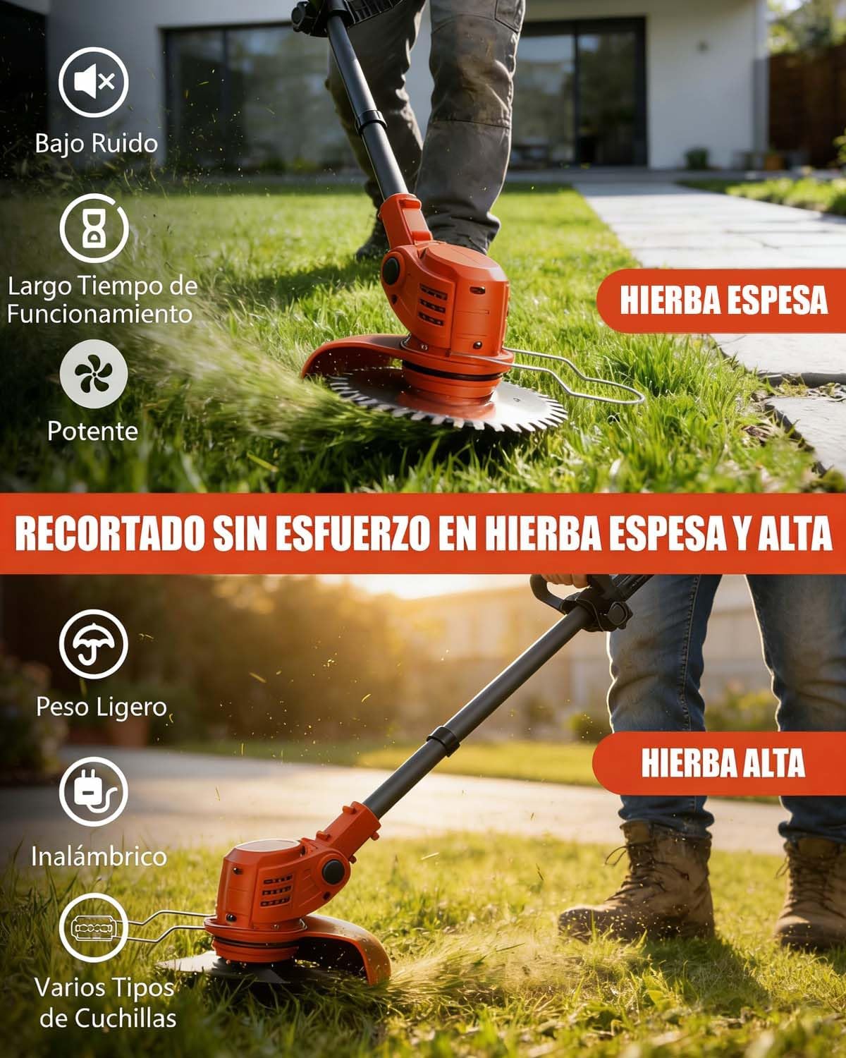 Imagen de Desbrozadora a Bateria, Cortabordes Electrico 4 en 1, 850W 2 Baterías 4000 mAh, 4 Tipos de Cuchillas con Cabezal Giratorio de 90° para Recortar Fácilmente Rápido Césped y Arbustos