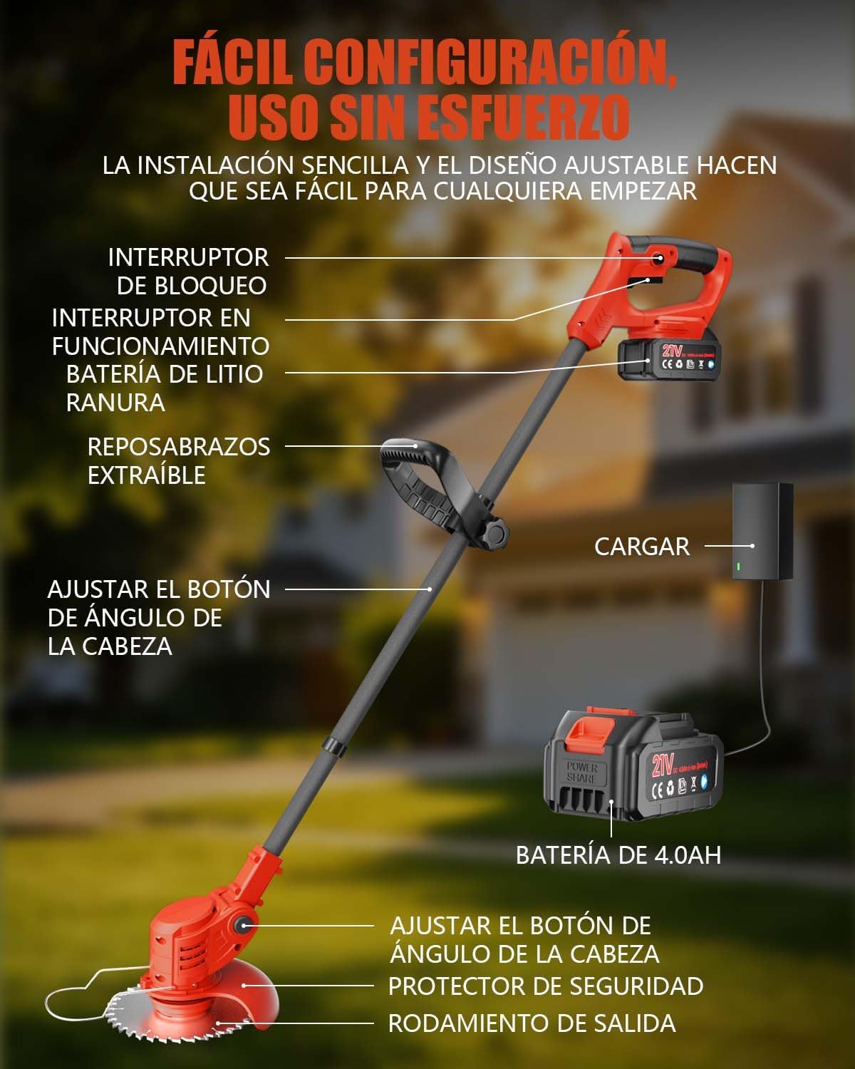 Imagen de Desbrozadora a Bateria, Cortabordes Electrico 4 en 1, 850W 2 Baterías 4000 mAh, 4 Tipos de Cuchillas con Cabezal Giratorio de 90° para Recortar Fácilmente Rápido Césped y Arbustos