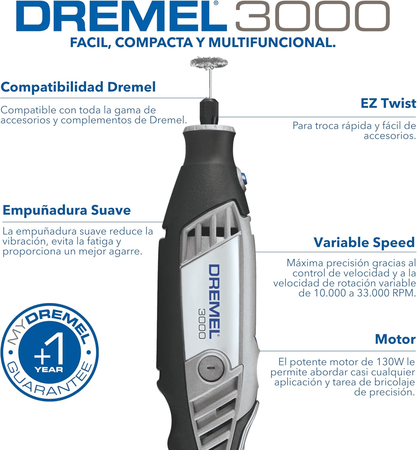 Imagen de Dremel 3000 - Multiherramienta 130 W, kit con 1 complemento y 25 accesorios y estuche, velocidad variable 10.000 - 33.000 rpm para tallar, grabar, fresar, amolar, limpiar, pulir, cortar y lijar
