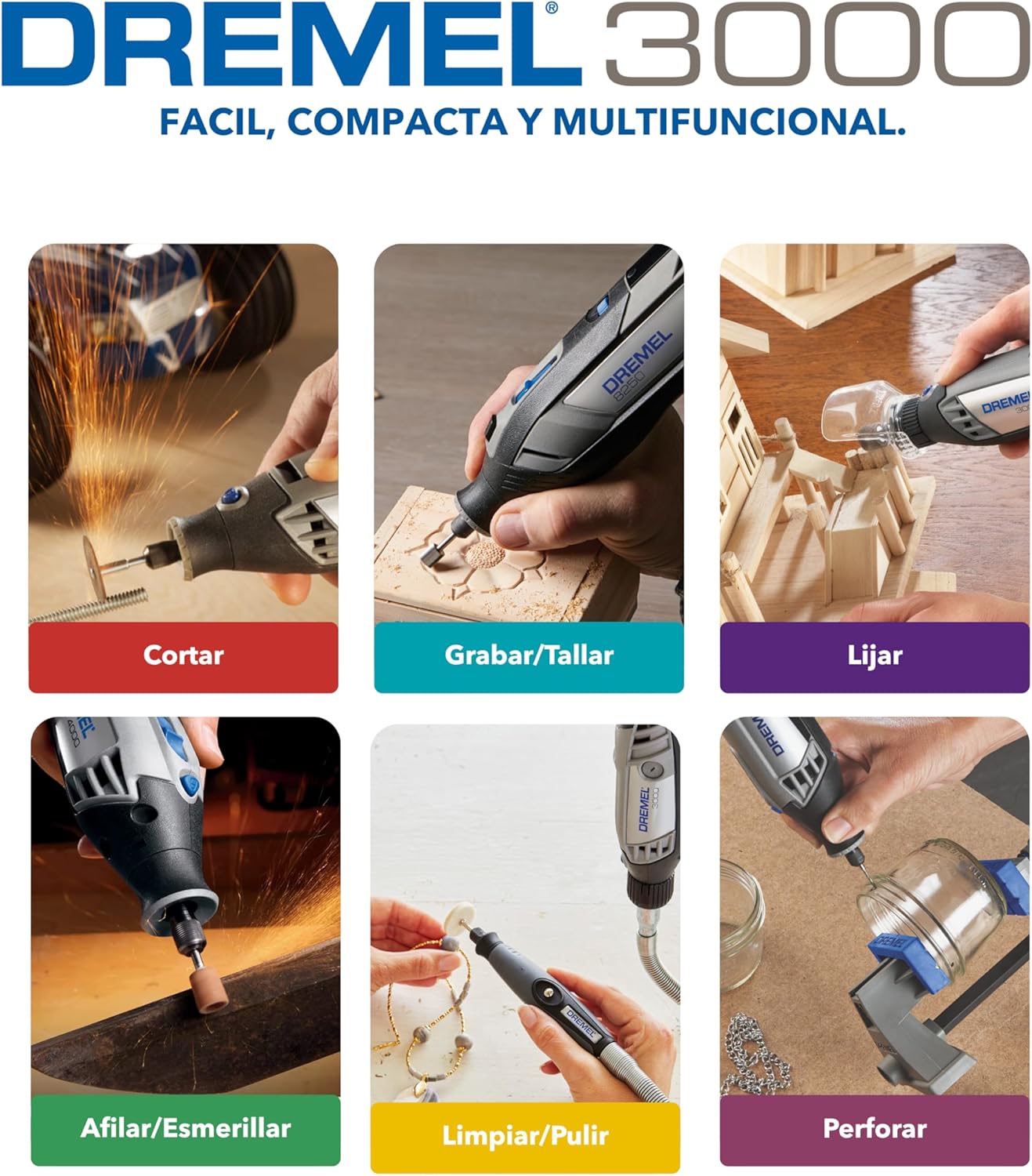 Imagen de Dremel 3000 - Multiherramienta 130 W, kit con 1 complemento y 25 accesorios y estuche, velocidad variable 10.000 - 33.000 rpm para tallar, grabar, fresar, amolar, limpiar, pulir, cortar y lijar