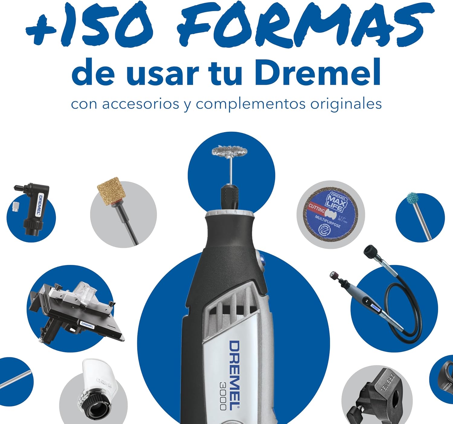 Imagen de Dremel 3000 - Multiherramienta 130 W, kit con 1 complemento y 25 accesorios y estuche, velocidad variable 10.000 - 33.000 rpm para tallar, grabar, fresar, amolar, limpiar, pulir, cortar y lijar