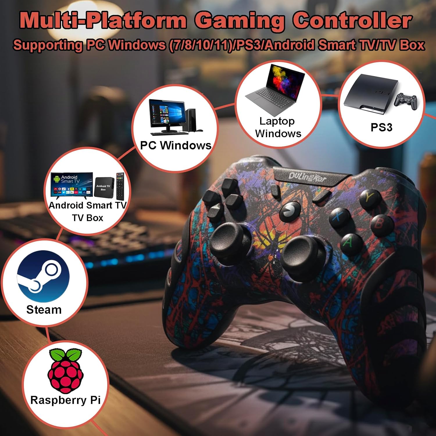 Imagen de DuLingKer Mando PC Inalámbrico, Mando PS3 PC Gamepad con Hall Effect Joystick y Doble Vibración, Inalámbrico 2,4G Game Mandos para Windows 11 10 8 7, PS3, Android TV, TV Box, Steam, Raspberry Pi