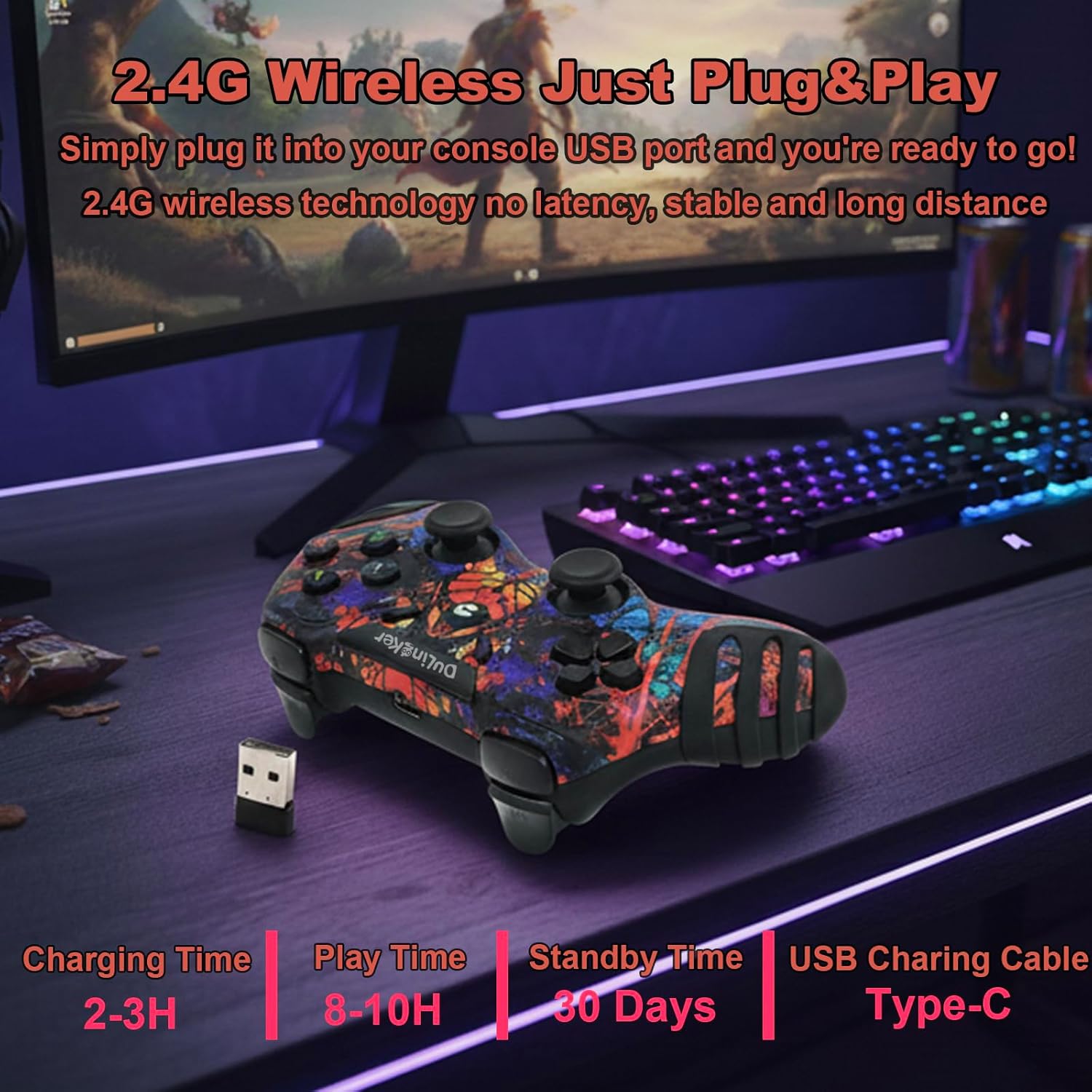 Imagen de DuLingKer Mando PC Inalámbrico, Mando PS3 PC Gamepad con Hall Effect Joystick y Doble Vibración, Inalámbrico 2,4G Game Mandos para Windows 11 10 8 7, PS3, Android TV, TV Box, Steam, Raspberry Pi