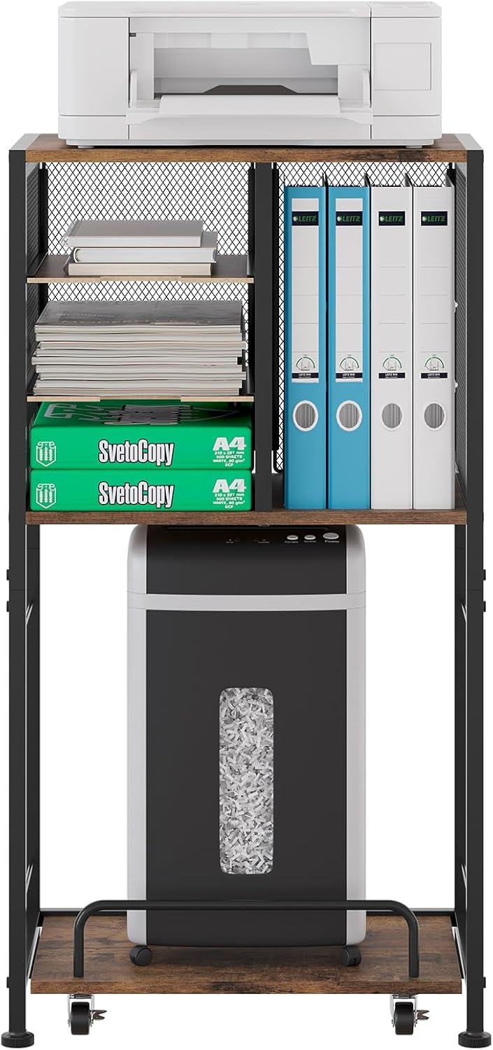 Imagen de EasyPAG 4 compartimentos A4 metal madera soporte para impresora con carro extraíble móvil, estantería para fax,fotocopiadora,escáner,marrón