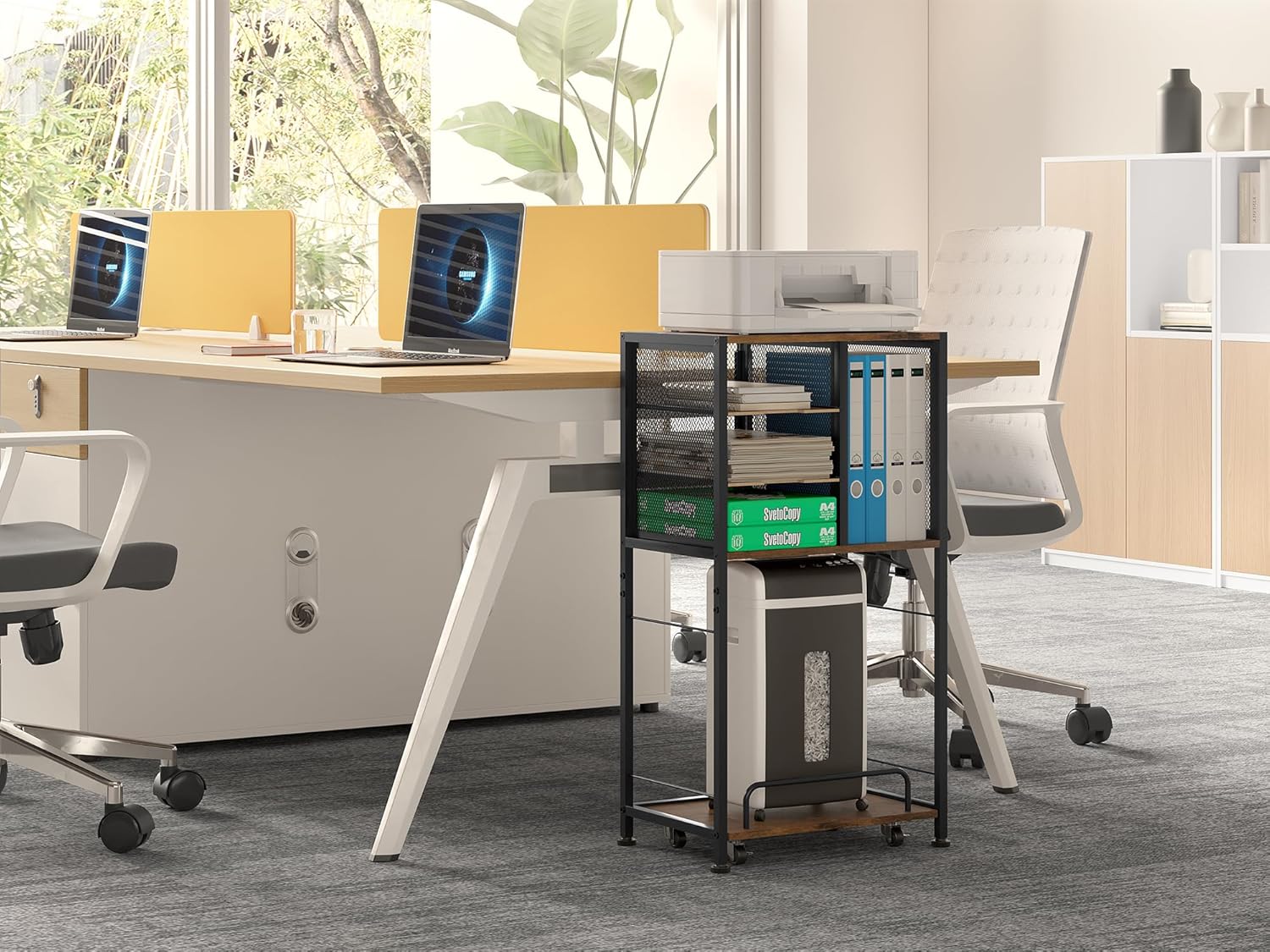 Imagen de EasyPAG 4 compartimentos A4 metal madera soporte para impresora con carro extraíble móvil, estantería para fax,fotocopiadora,escáner,marrón