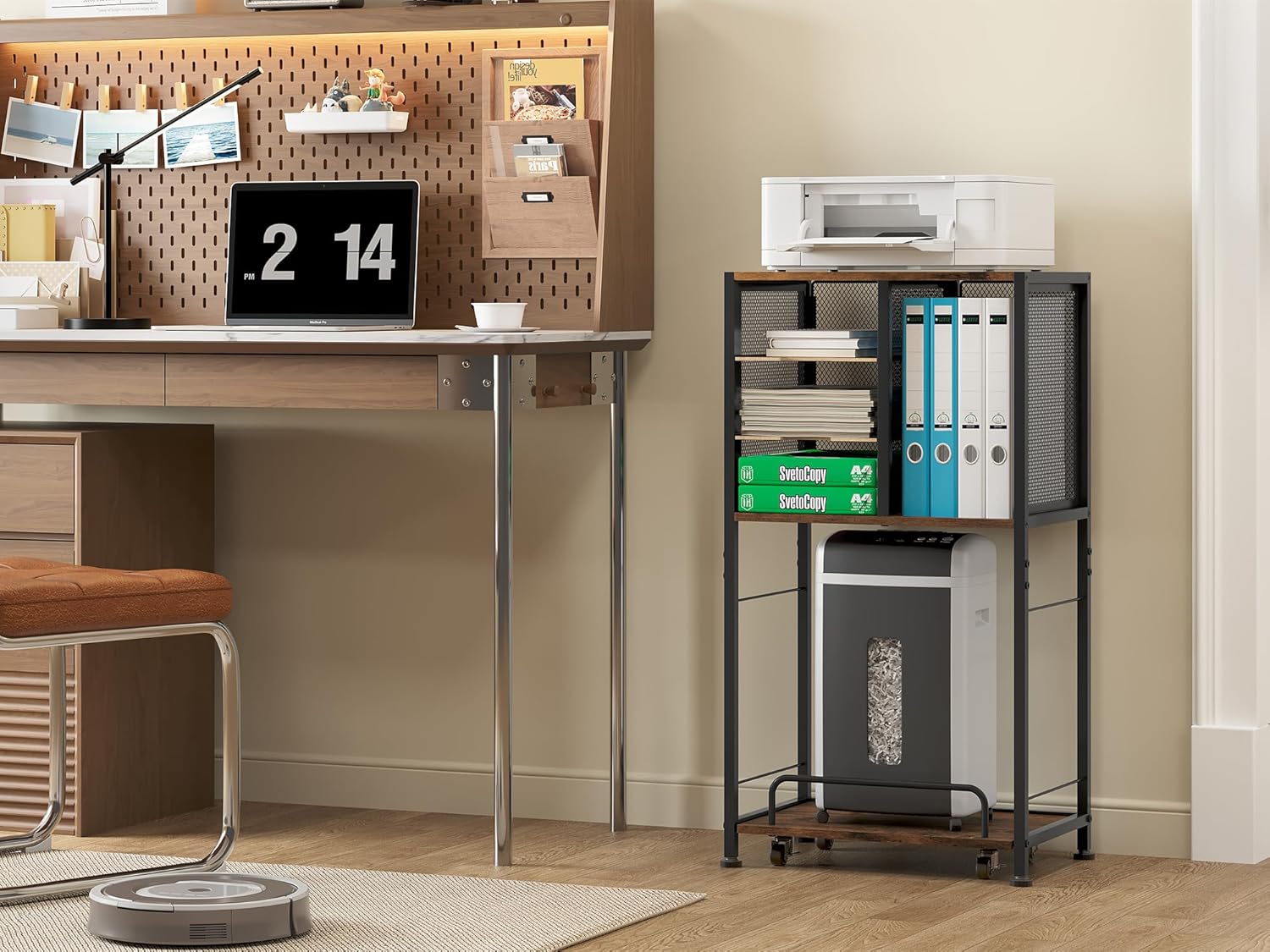 Imagen de EasyPAG 4 compartimentos A4 metal madera soporte para impresora con carro extraíble móvil, estantería para fax,fotocopiadora,escáner,marrón
