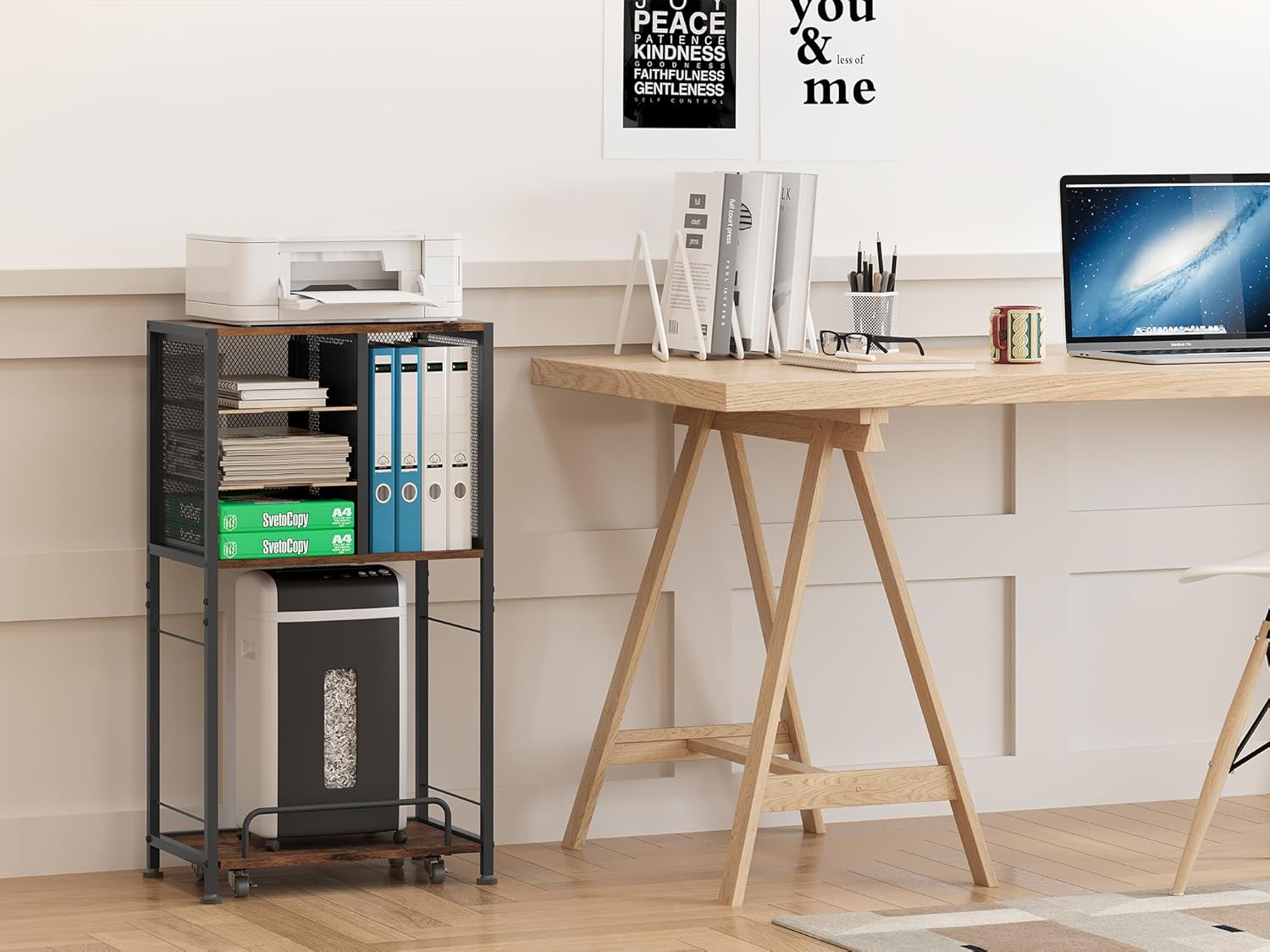 Imagen de EasyPAG 4 compartimentos A4 metal madera soporte para impresora con carro extraíble móvil, estantería para fax,fotocopiadora,escáner,marrón