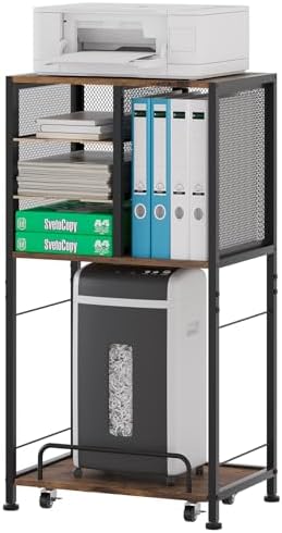 Imagen de EasyPAG 4 compartimentos A4 metal madera soporte para impresora con carro extraíble móvil, estantería para fax,fotocopiadora,escáner,marrón