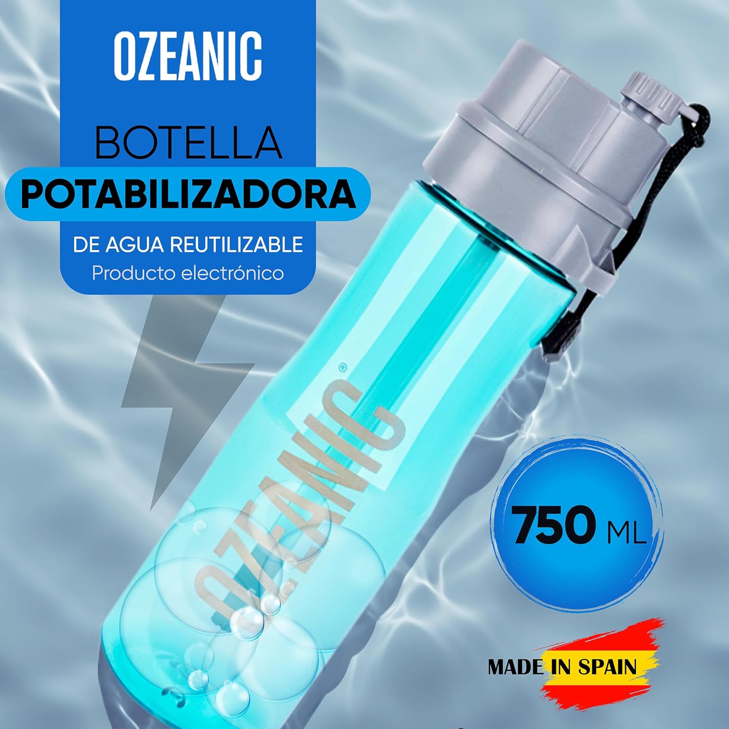 Imagen de EcoBottle 2.0 750ml Azul– Botella reutilizable con tecnología de ozono in situ | Mejora la calidad del agua | Sin filtros ni químicos | Ideal para viajes, deporte y montaña