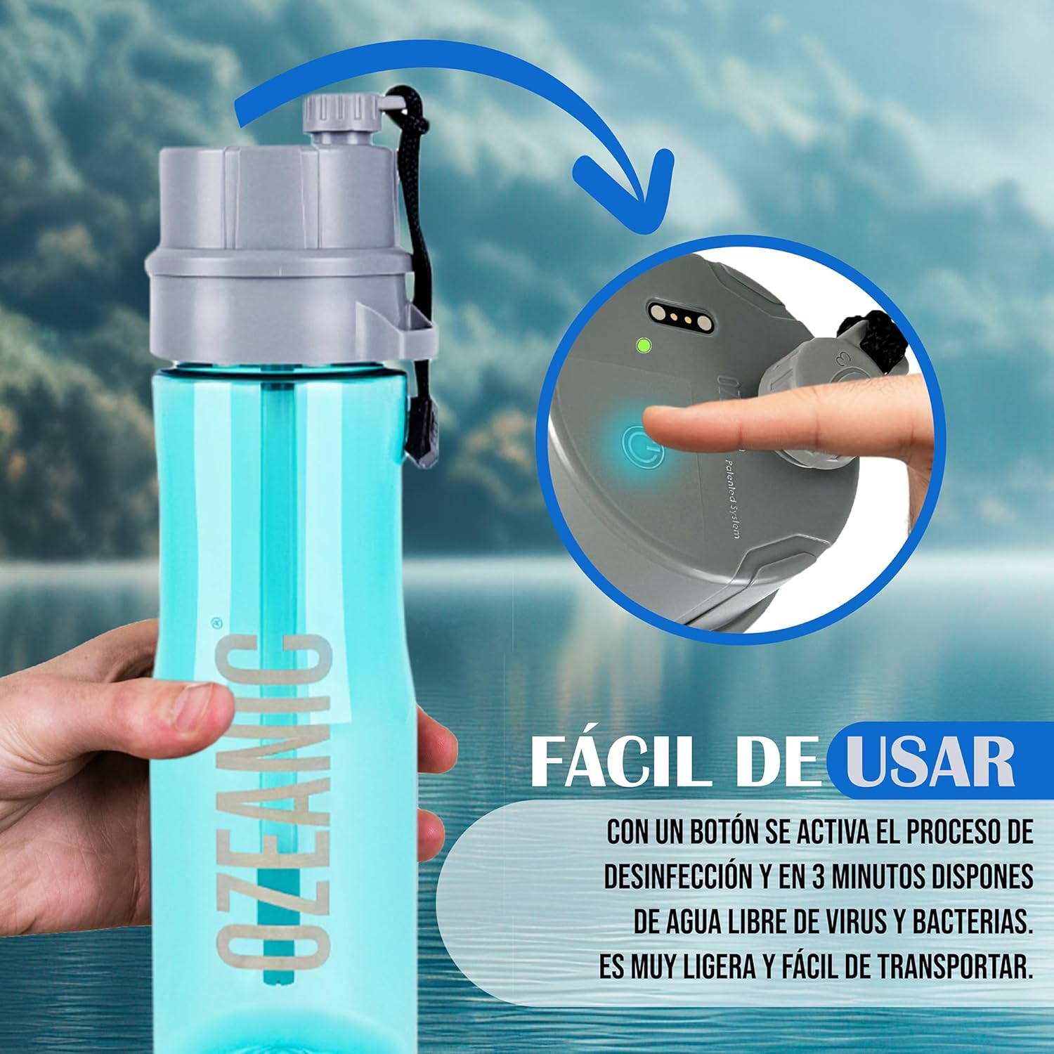 Imagen de EcoBottle 2.0 750ml Azul– Botella reutilizable con tecnología de ozono in situ | Mejora la calidad del agua | Sin filtros ni químicos | Ideal para viajes, deporte y montaña