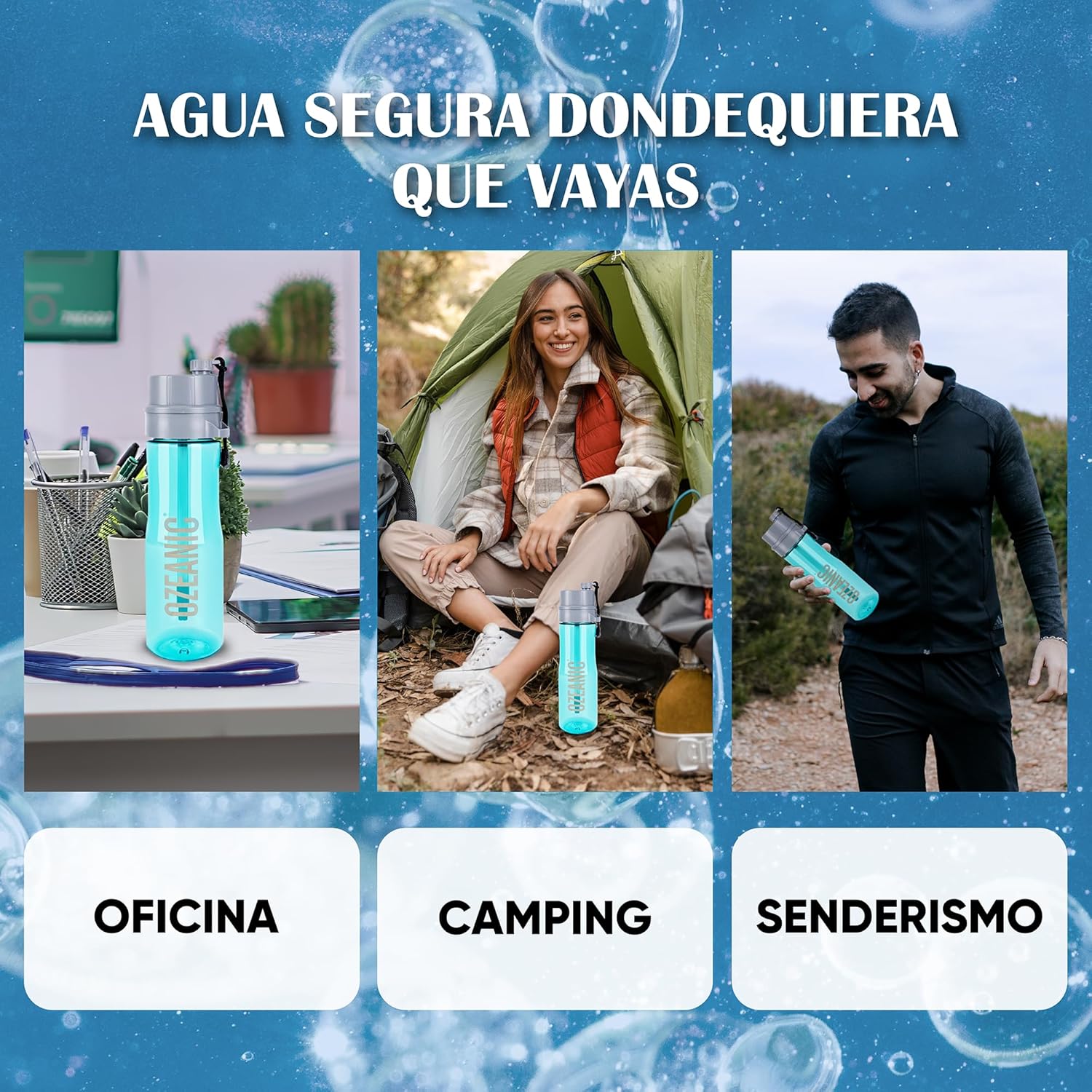 Imagen de EcoBottle 2.0 750ml Azul– Botella reutilizable con tecnología de ozono in situ | Mejora la calidad del agua | Sin filtros ni químicos | Ideal para viajes, deporte y montaña