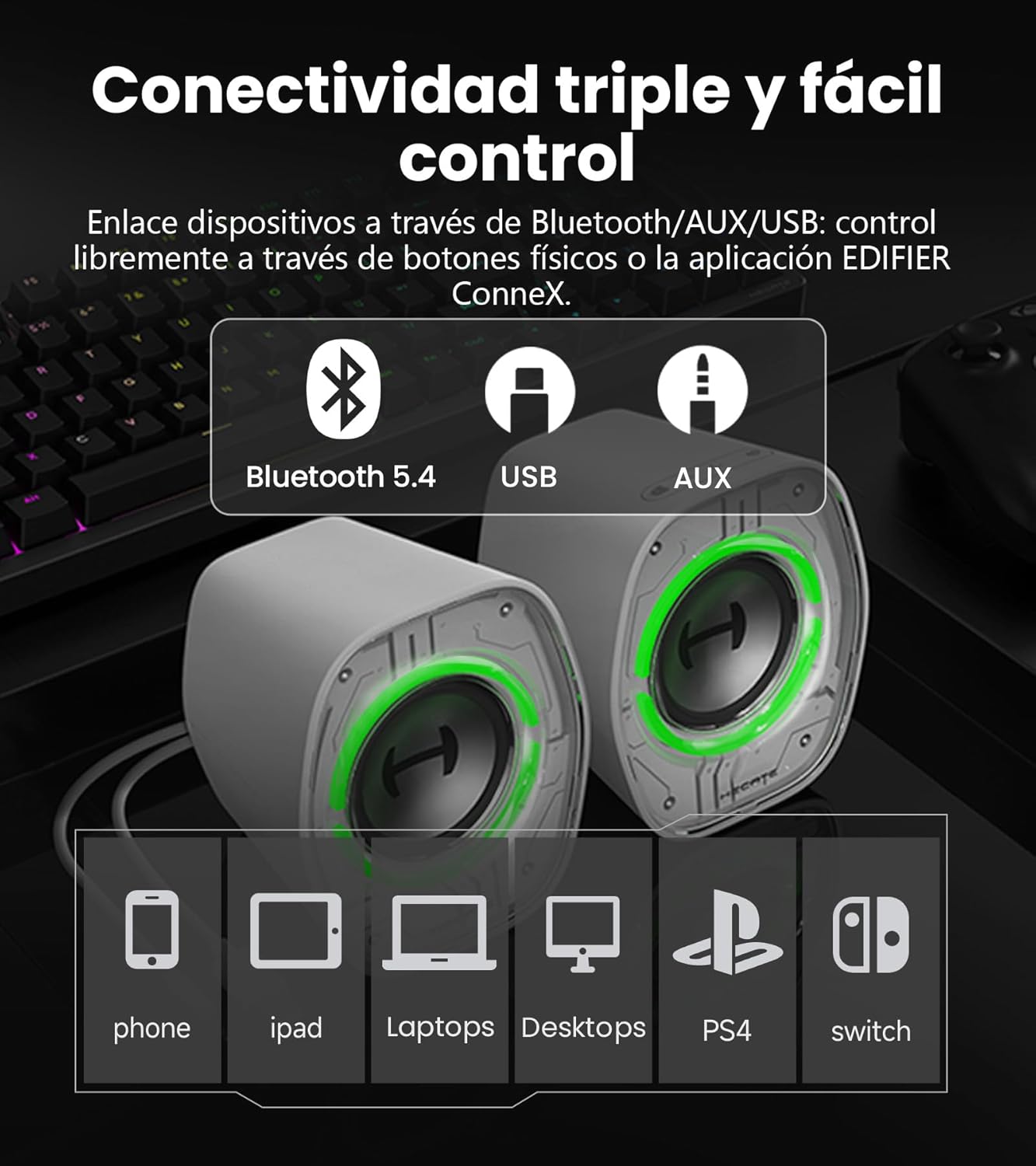 Imagen de Edifier G1000 II Altavoces de Ordenador de Escritorio para Juegos, Controlador de Rango Completo de 2,5" y bajo Mejorado, Bluetooth 5.4 con USB-C/AUX, 9 Modos de iluminación RGB dinámica (Blanco)
