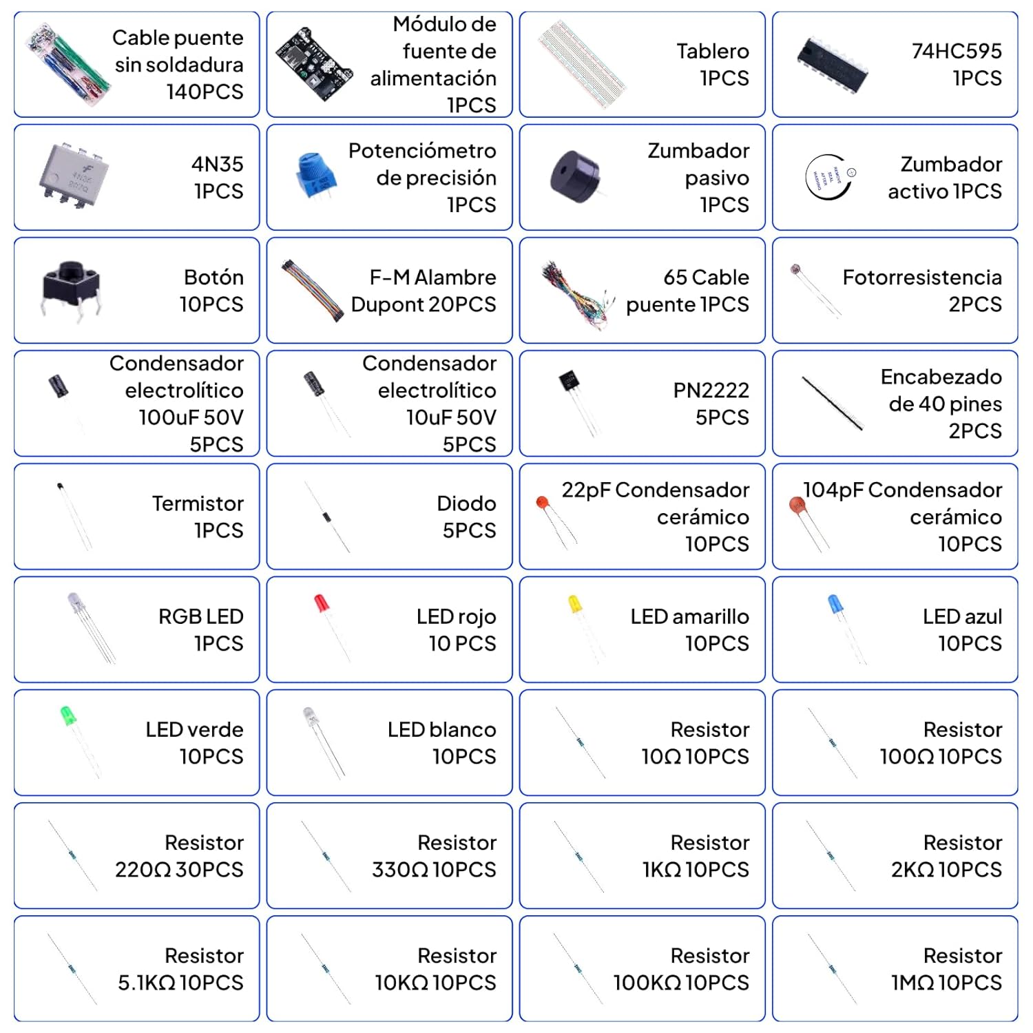 Imagen de ELEGOO Kit Mejorado de Componentes Electrónicos con Módulo de Alimentación, Placa de Prototipos (Protoboard) de 830 Pines, Cables Puente, Potenciómetro, STM32, Raspberry Pi, para Arduino IDE