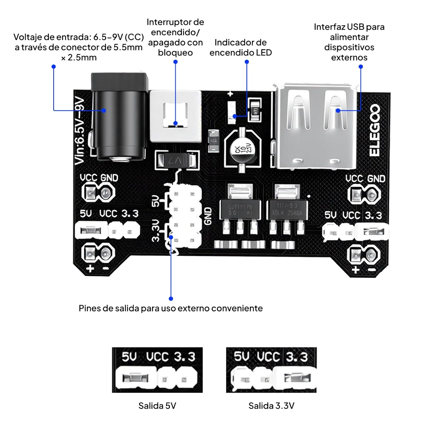 Imagen de ELEGOO Kit Mejorado de Componentes Electrónicos con Módulo de Alimentación, Placa de Prototipos (Protoboard) de 830 Pines, Cables Puente, Potenciómetro, STM32, Raspberry Pi, para Arduino IDE