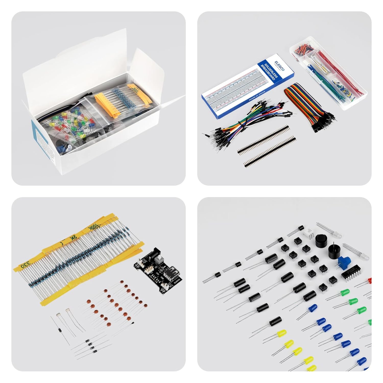 Imagen de ELEGOO Kit Mejorado de Componentes Electrónicos con Módulo de Alimentación, Placa de Prototipos (Protoboard) de 830 Pines, Cables Puente, Potenciómetro, STM32, Raspberry Pi, para Arduino IDE