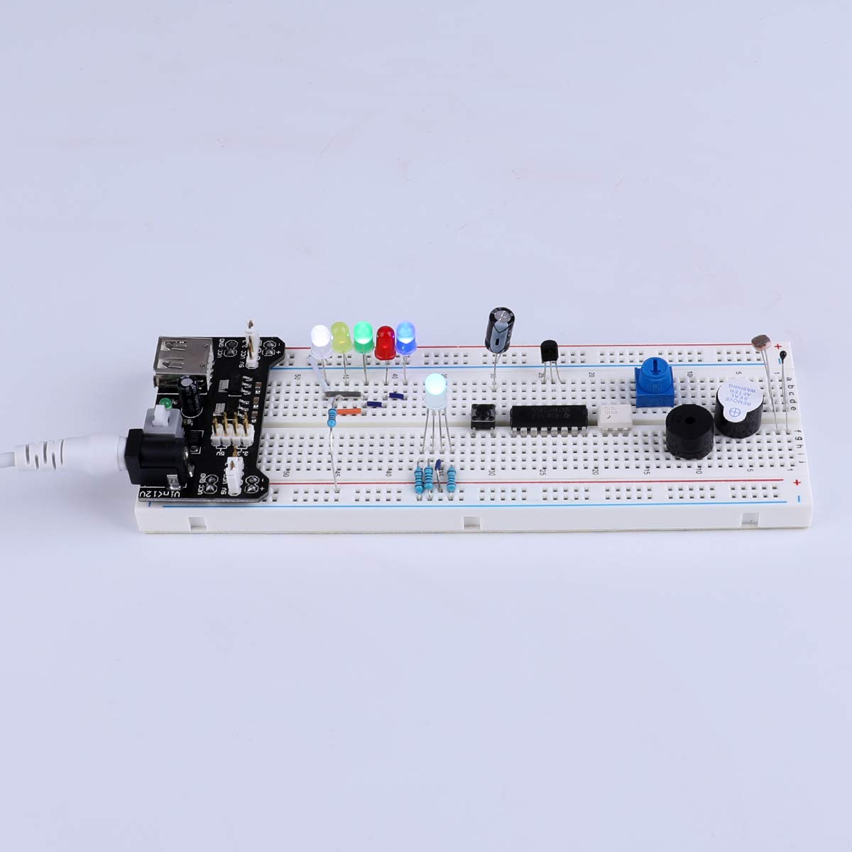 Imagen de ELEGOO Kit Mejorado de Componentes Electrónicos con Módulo de Alimentación, Placa de Prototipos (Protoboard) de 830 Pines, Cables Puente, Potenciómetro, STM32, Raspberry Pi, para Arduino IDE