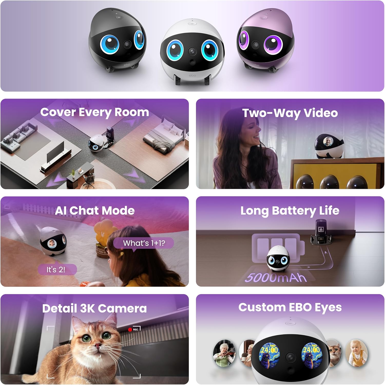 Imagen de Enabot EBO Air 2 Plus FamilyBot, Robot Móvil IA, Cámara Vigilancia 3K para el Hogar & Mascotas, Audio Bidireccional, Batería, Imagen Facial Personalizada (Gris Orbita)