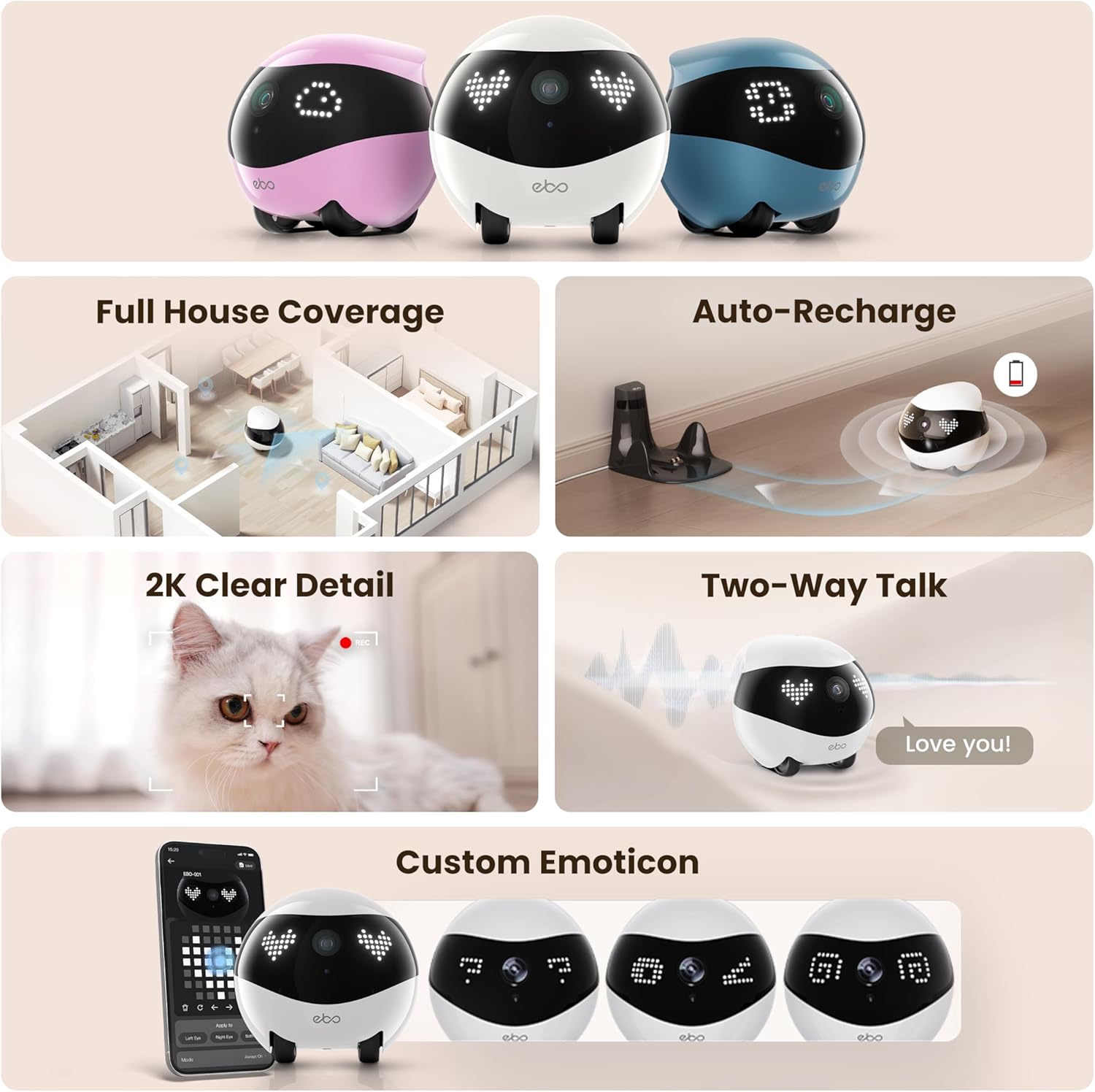 Imagen de Enabot EBO Cámara para mascotas Air 2 con aplicación, 2 K cámaras móviles para mascotas con expresiones faciales personalizables, cámara inalámbrica para gatos con visión nocturna, cámara para perros