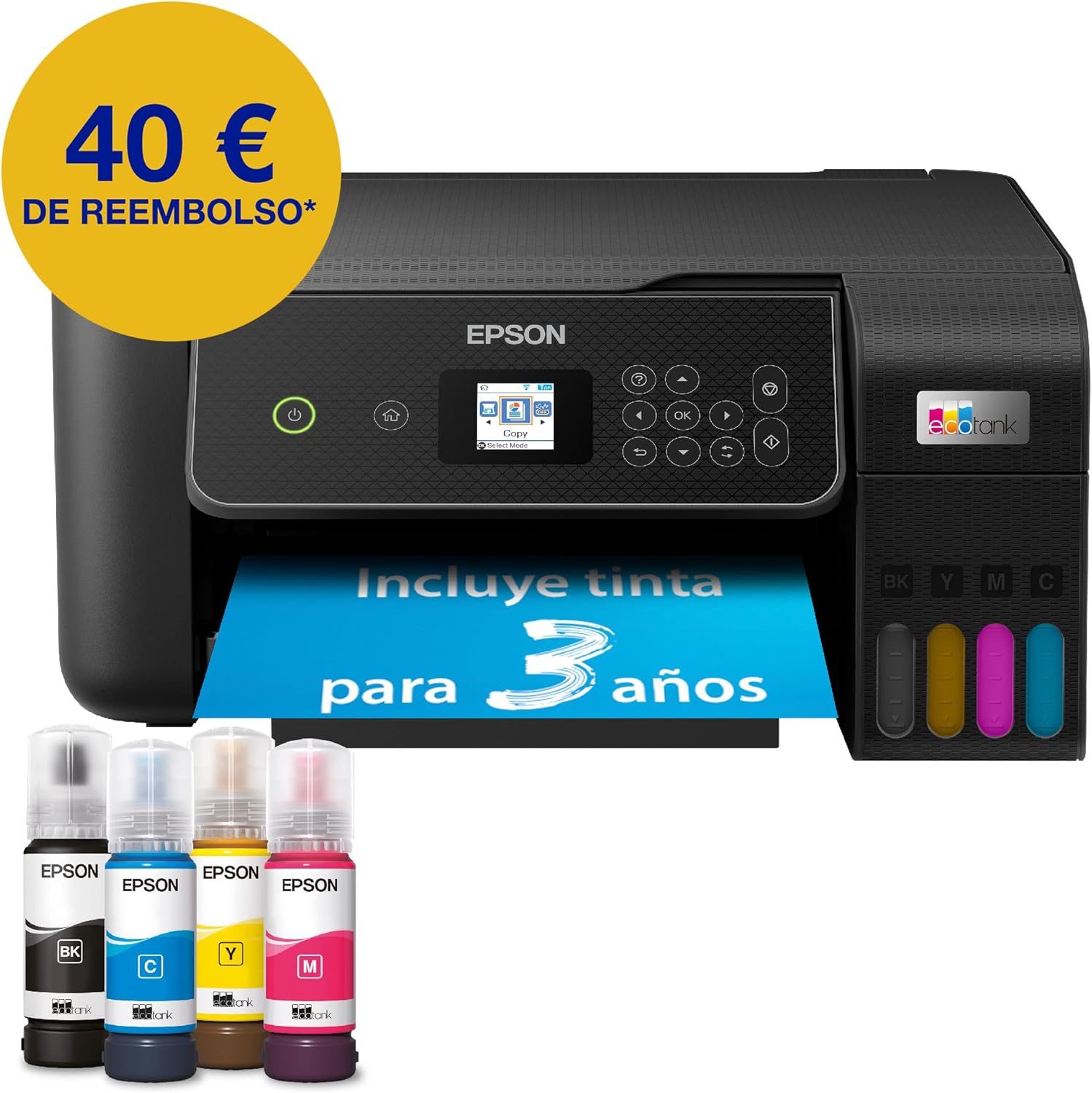 Imagen de Epson EcoTank ET-2870 Impresora de Depósito de Tinta | Para Uso Intensivo en Hogar | Wi-Fi | A4 | Imprimir, Copiar, Escanear | Pantalla LCD 3,7cm | Tinta Incluida Para 3 Años