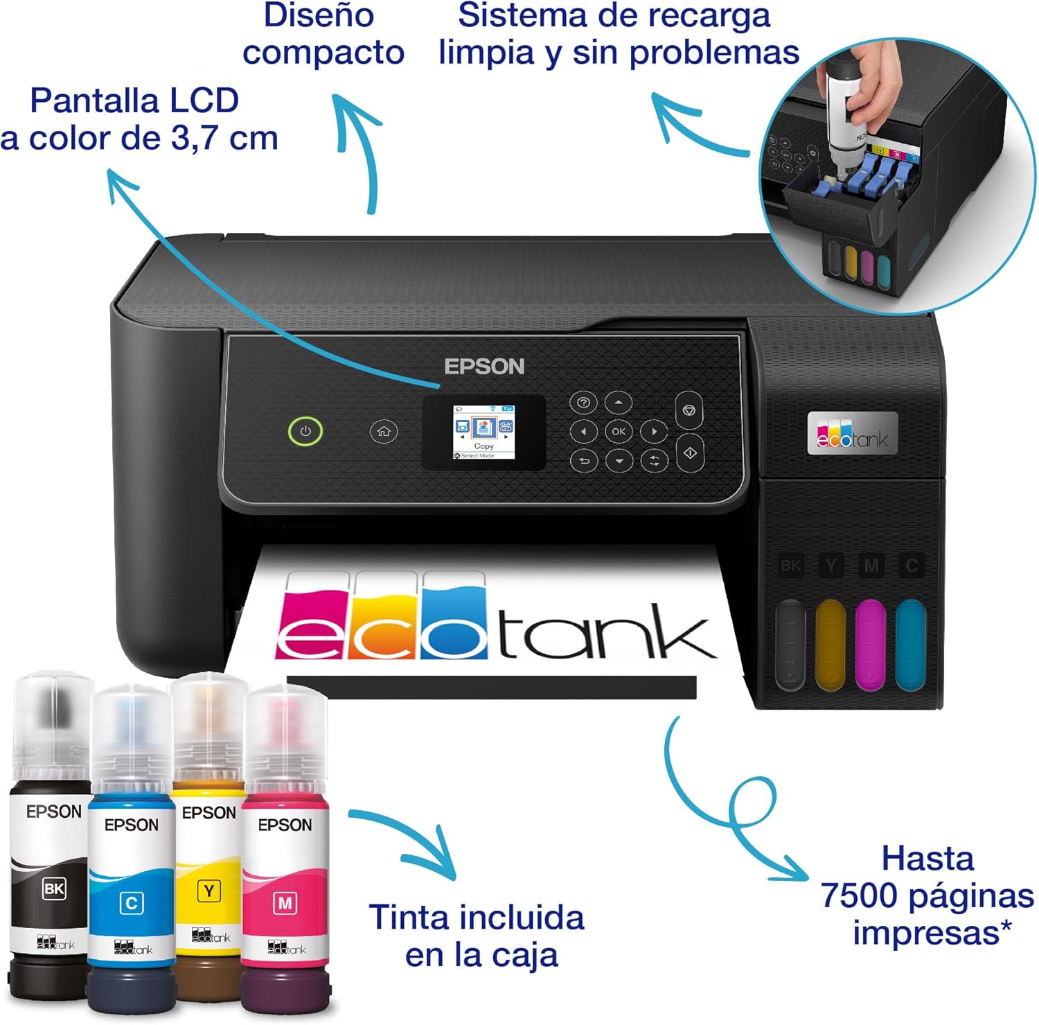 Imagen de Epson EcoTank ET-2870 Impresora de Depósito de Tinta | Para Uso Intensivo en Hogar | Wi-Fi | A4 | Imprimir, Copiar, Escanear | Pantalla LCD 3,7cm | Tinta Incluida Para 3 Años