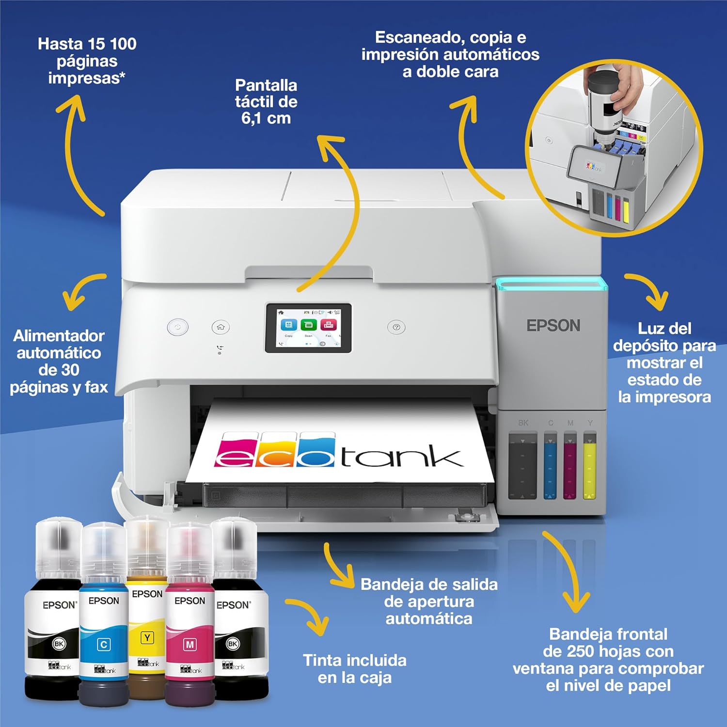 Imagen de Epson EcoTank ET-4956 Impresora de Depósito de Tinta | Teletrabajo | Wi-Fi, Ethernet | A4 | Doble Cara | Imprimir, Copiar, Escanear, Fax | Pantalla Táctil 6,1cm | ADF | Tinta Incluida para 3 Años