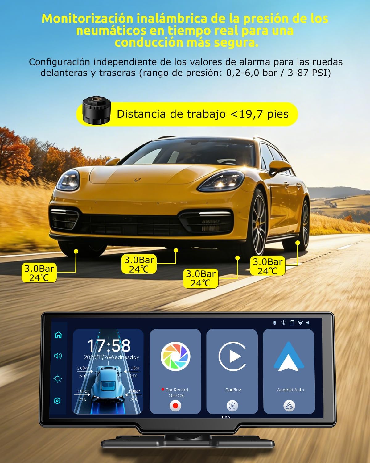Imagen de ESSGOO Pantalla Coche 10.26 Pulgadas Carplay y Android Auto Inalámbrico con 4 Sensor de Presión de Neumáticos Cámara Frontal 4K Trasera 1080P,IPS Táctil,Bluetooth,Mirror Link,Control por Voz,64GB TF
