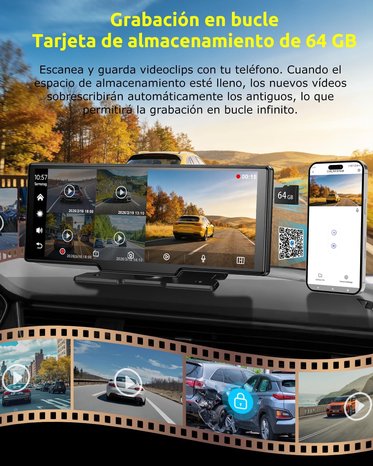 Imagen de ESSGOO Pantalla Coche 10.26 Pulgadas Carplay y Android Auto Inalámbrico con 4 Sensor de Presión de Neumáticos Cámara Frontal 4K Trasera 1080P,IPS Táctil,Bluetooth,Mirror Link,Control por Voz,64GB TF