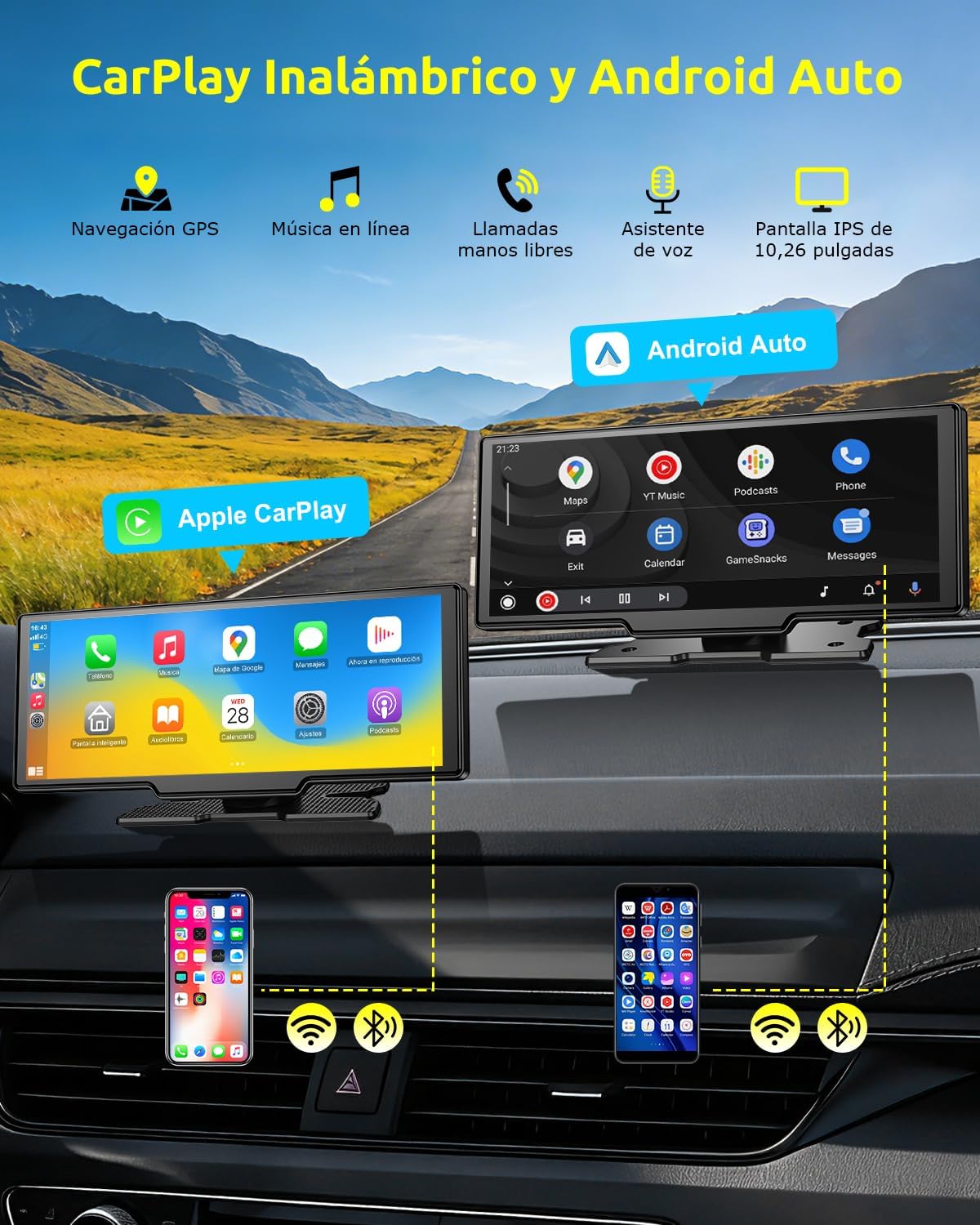 Imagen de ESSGOO Pantalla Coche 10.26 Pulgadas Carplay y Android Auto Inalámbrico con 4 Sensor de Presión de Neumáticos Cámara Frontal 4K Trasera 1080P,IPS Táctil,Bluetooth,Mirror Link,Control por Voz,64GB TF