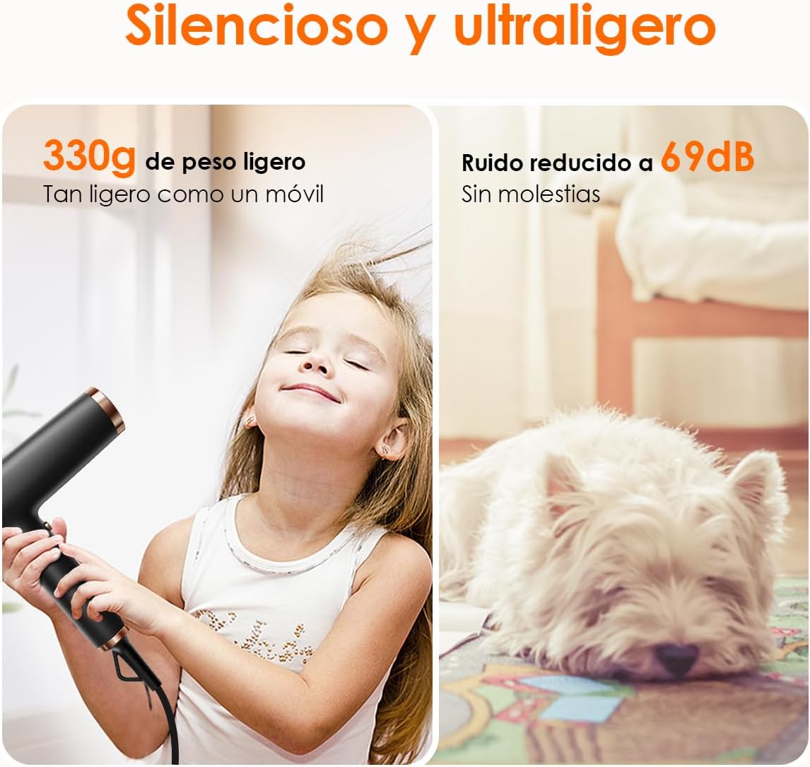 Imagen de Faszin Secador de Pelo Profesional, Secador Rápido Ligero, Motor 110,000 RPM, Secador Pelo Iónico de 200 Millones para Mujeres y Hombres, Silencioso con 3 Boquillas Magnéticas