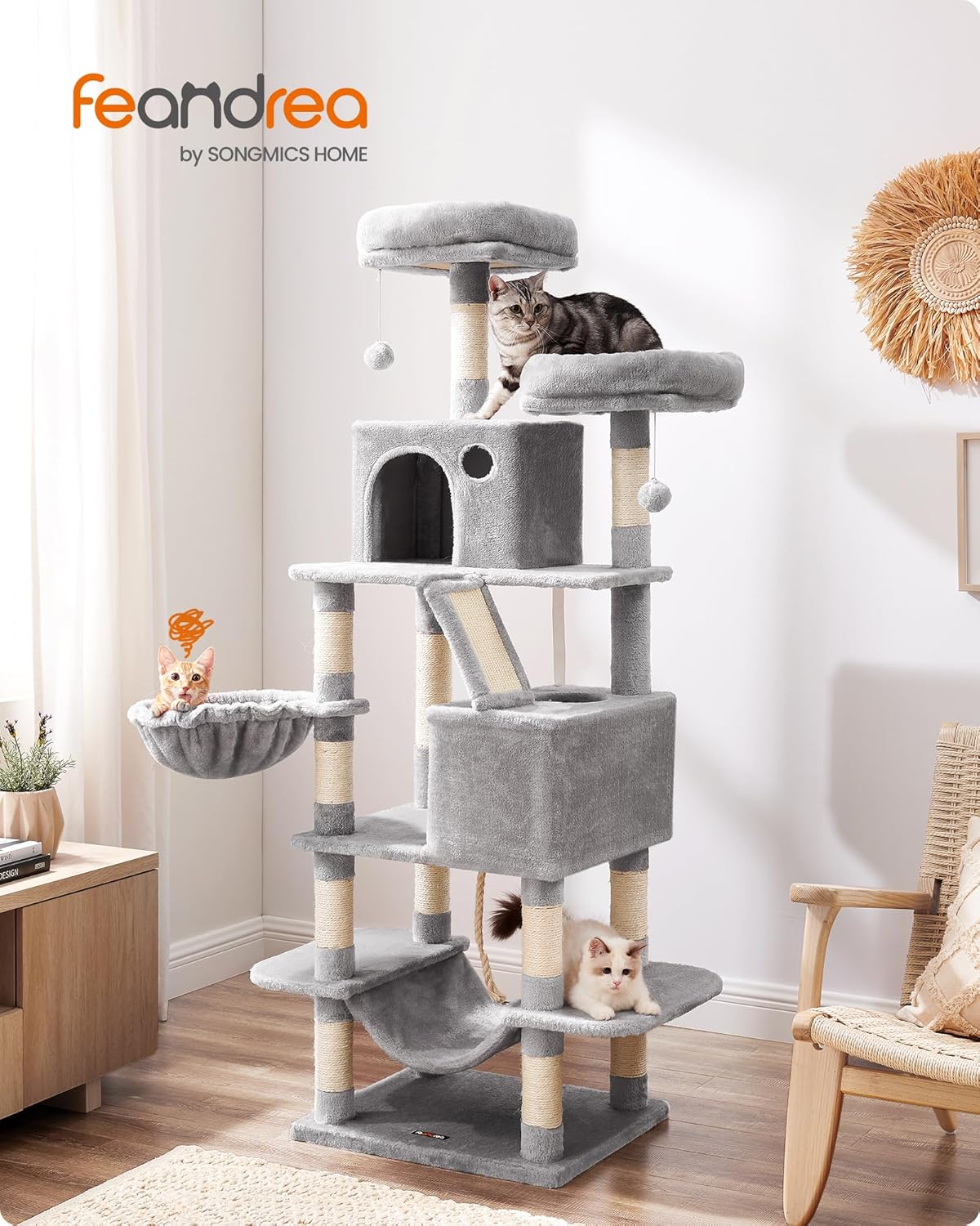 Imagen de Feandrea Árbol para Gatos Grandes, Torre de Gatos de 168 cm de Altura con 13 Poste, 2 Plataformas, 2 Cuevas, Cesta, Hamaca, Pompón, Rascador Multinivel, Gris Claro PCT165W01