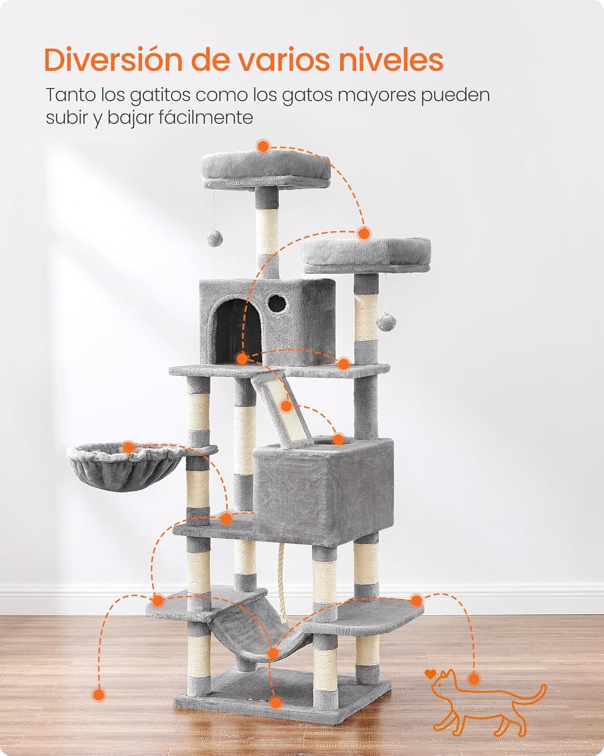 Imagen de Feandrea Árbol para Gatos Grandes, Torre de Gatos de 168 cm de Altura con 13 Poste, 2 Plataformas, 2 Cuevas, Cesta, Hamaca, Pompón, Rascador Multinivel, Gris Claro PCT165W01