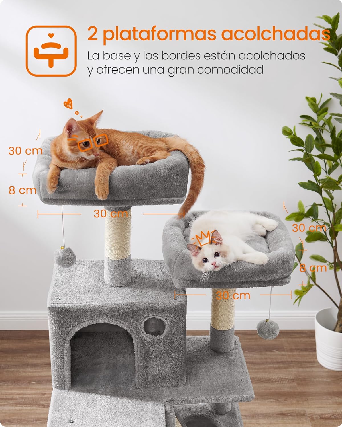 Imagen de Feandrea Árbol para Gatos Grandes, Torre de Gatos de 168 cm de Altura con 13 Poste, 2 Plataformas, 2 Cuevas, Cesta, Hamaca, Pompón, Rascador Multinivel, Gris Claro PCT165W01