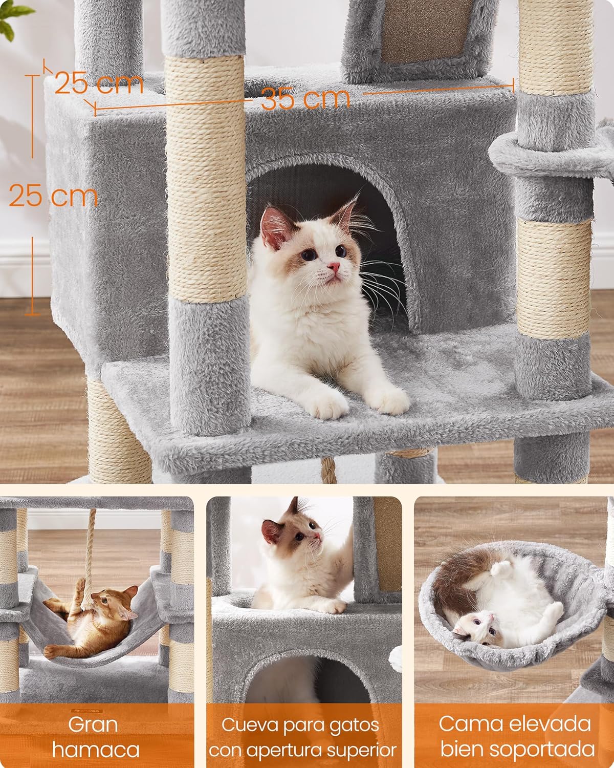 Imagen de Feandrea Árbol para Gatos Grandes, Torre de Gatos de 168 cm de Altura con 13 Poste, 2 Plataformas, 2 Cuevas, Cesta, Hamaca, Pompón, Rascador Multinivel, Gris Claro PCT165W01