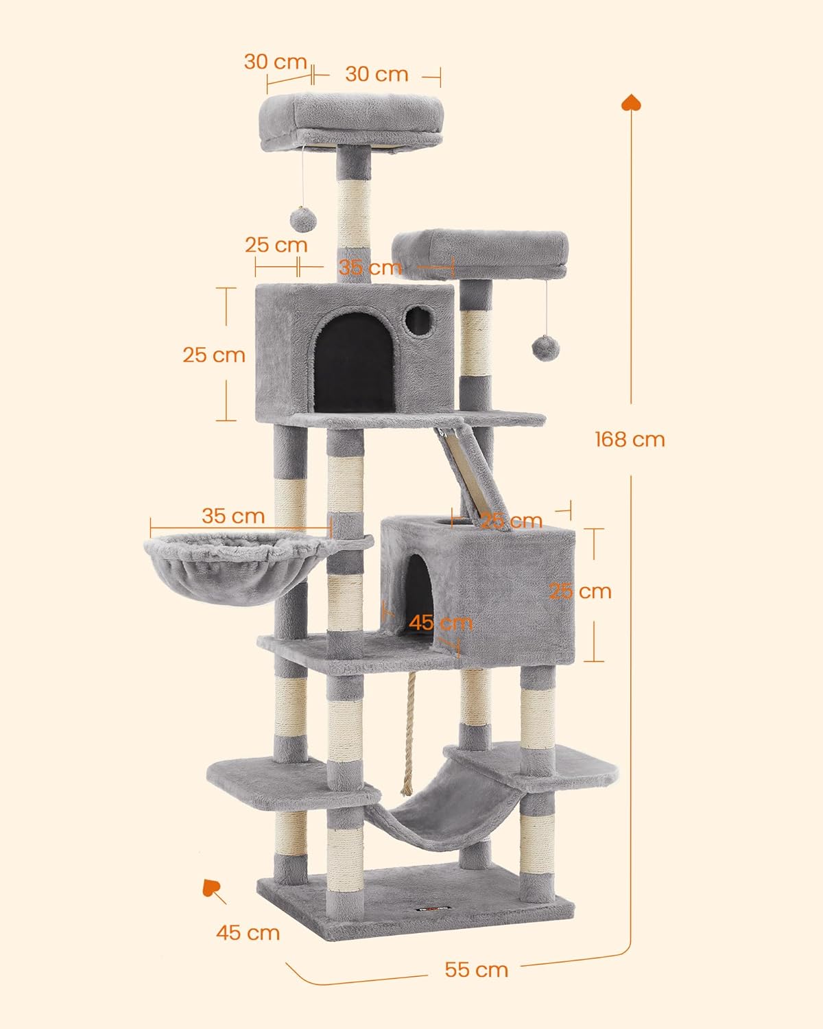 Imagen de Feandrea Árbol para Gatos Grandes, Torre de Gatos de 168 cm de Altura con 13 Poste, 2 Plataformas, 2 Cuevas, Cesta, Hamaca, Pompón, Rascador Multinivel, Gris Claro PCT165W01