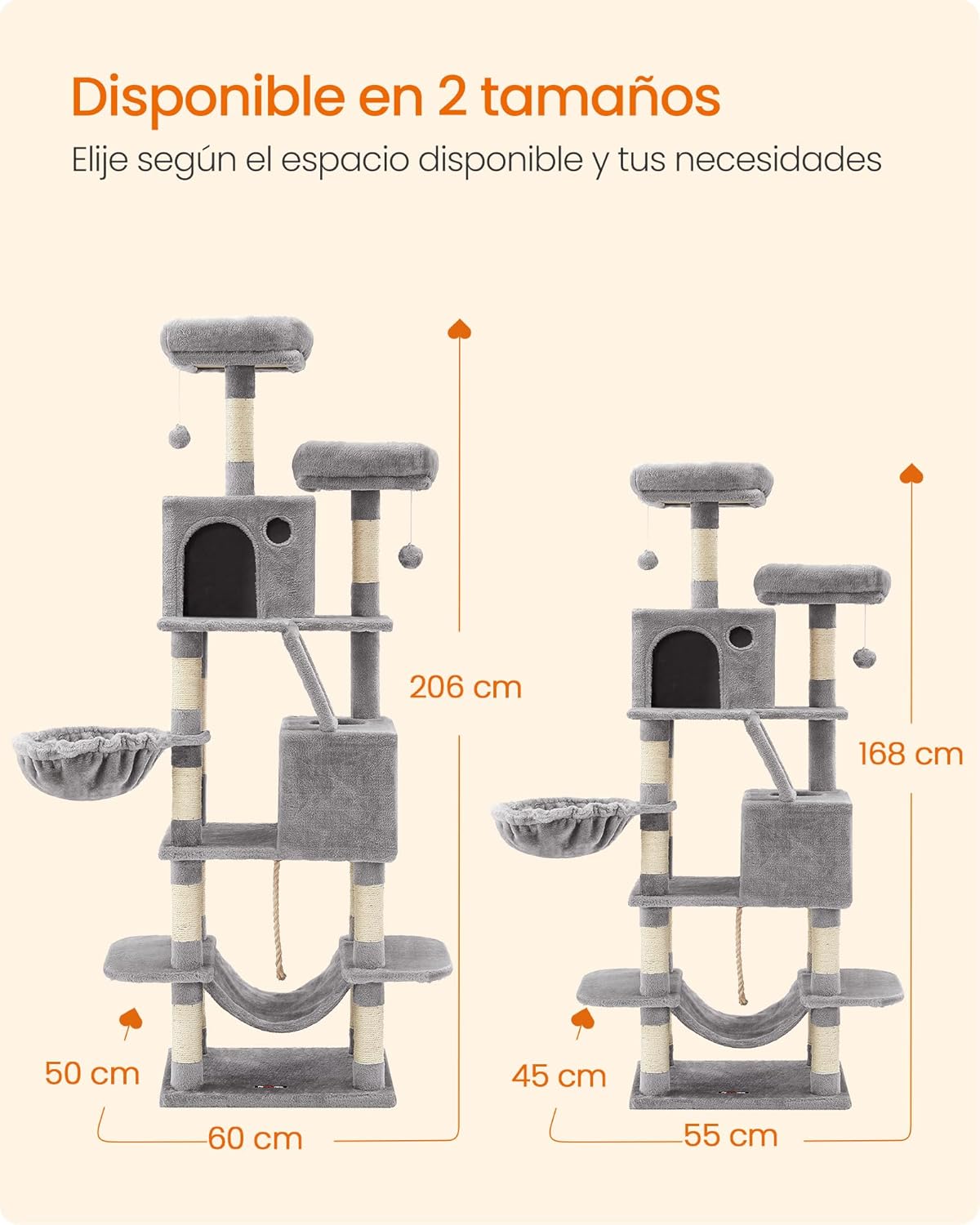 Imagen de Feandrea Árbol para Gatos Grandes, Torre de Gatos de 168 cm de Altura con 13 Poste, 2 Plataformas, 2 Cuevas, Cesta, Hamaca, Pompón, Rascador Multinivel, Gris Claro PCT165W01