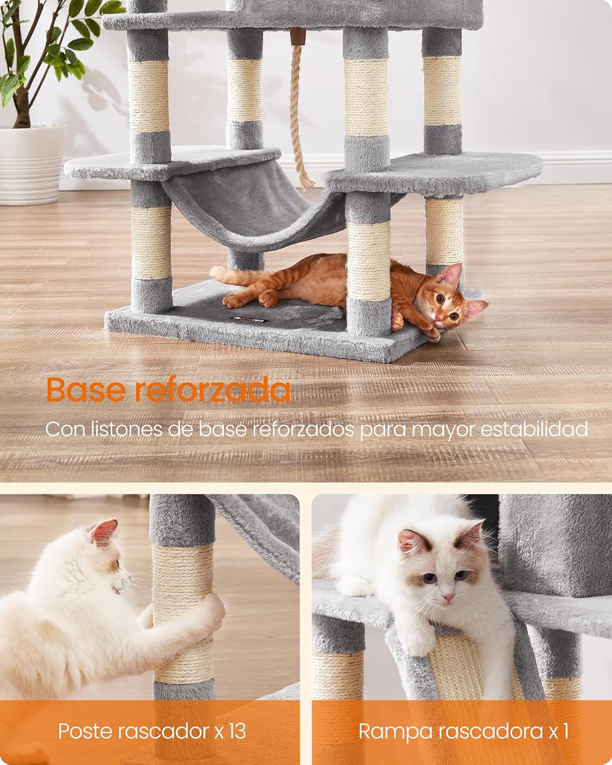 Imagen de Feandrea Árbol para Gatos Grandes, Torre de Gatos de 168 cm de Altura con 13 Poste, 2 Plataformas, 2 Cuevas, Cesta, Hamaca, Pompón, Rascador Multinivel, Gris Claro PCT165W01